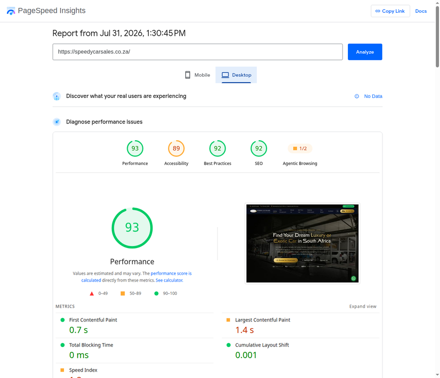 Google PageSpeed Insights results for Speedy Car Sales — 93 desktop performance score