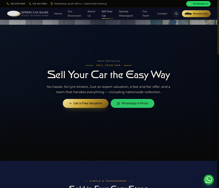 Speedy Car Sales Sell Your Car page with vehicle valuation form