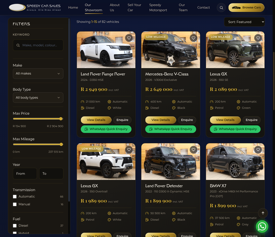Speedy Car Sales showroom with advanced vehicle filters — built by X3WEB