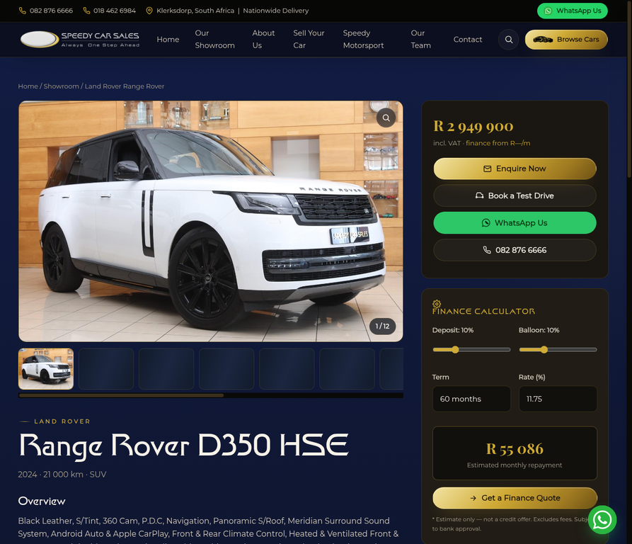 Individual vehicle detail page on Speedy Car Sales website