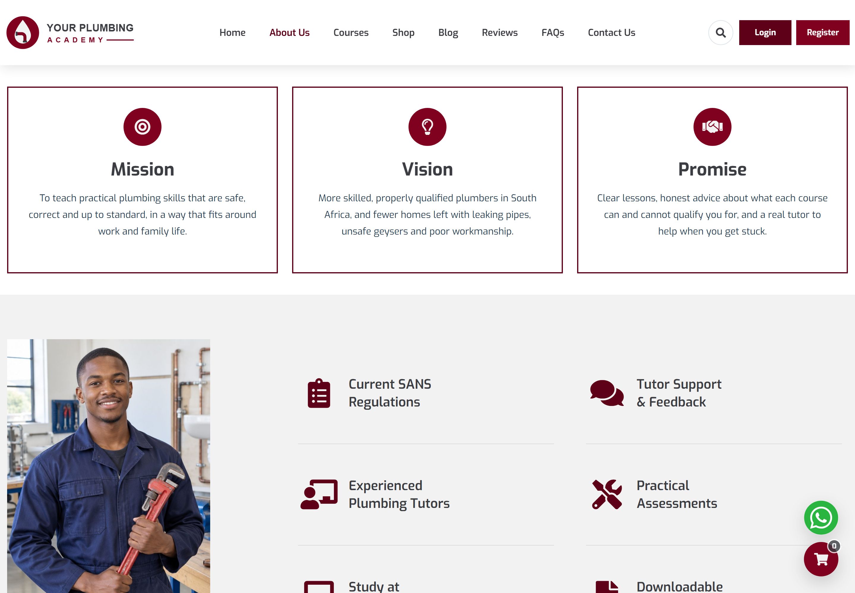 About page with Mission, Vision and Promise cards above a photograph of a plumber and a list of strengths such as current SANS regulations, tutor support and feedback, experienced plumbing tutors and practical assessments.