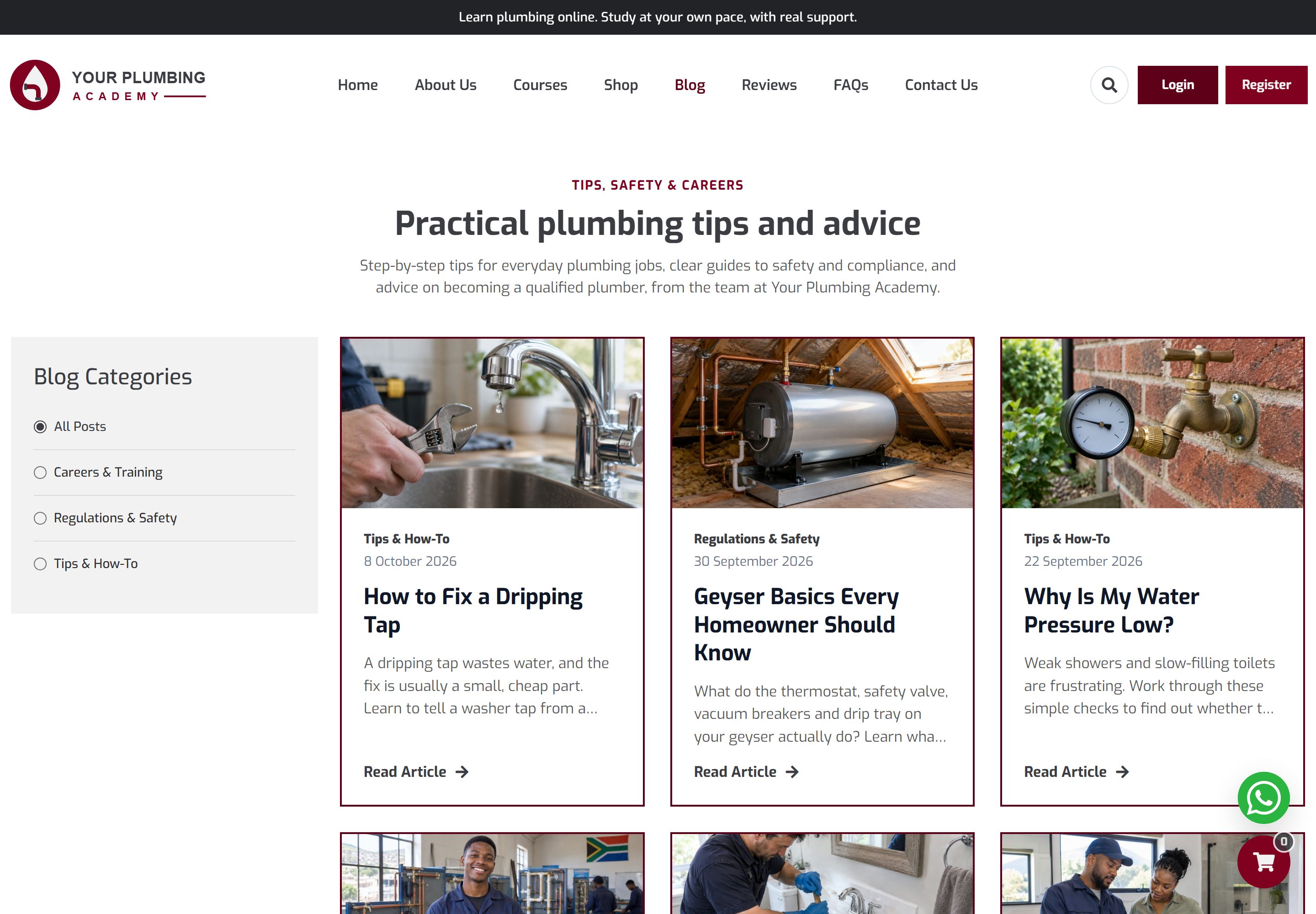 Blog page "Practical plumbing tips and advice" with blog categories on the left and article cards such as How to Fix a Dripping Tap, Geyser Basics Every Homeowner Should Know and Why Is My Water Pressure Low?
