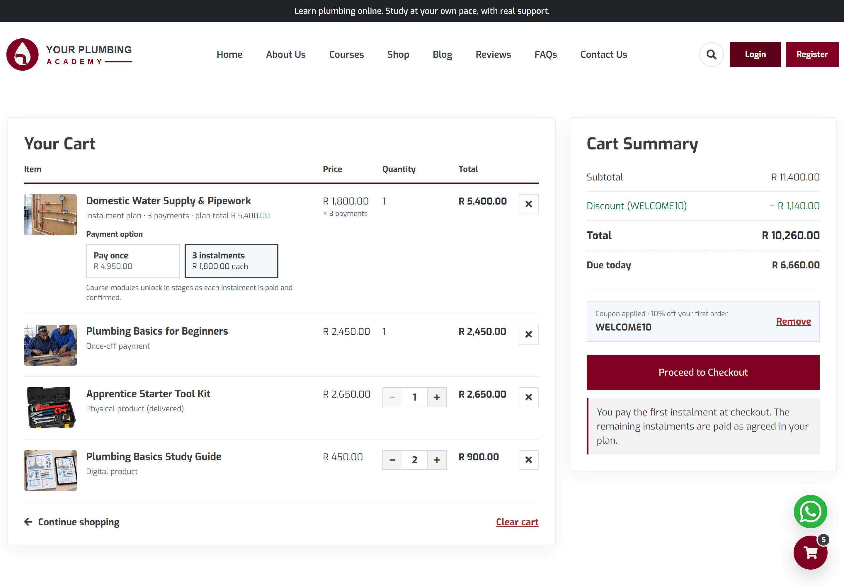 Cart page listing four items with a choice between paying once or in 3 instalments for the course, and a cart summary with the subtotal, a 10% WELCOME10 discount, the total and the smaller amount due today, above a Proceed to Checkout button.