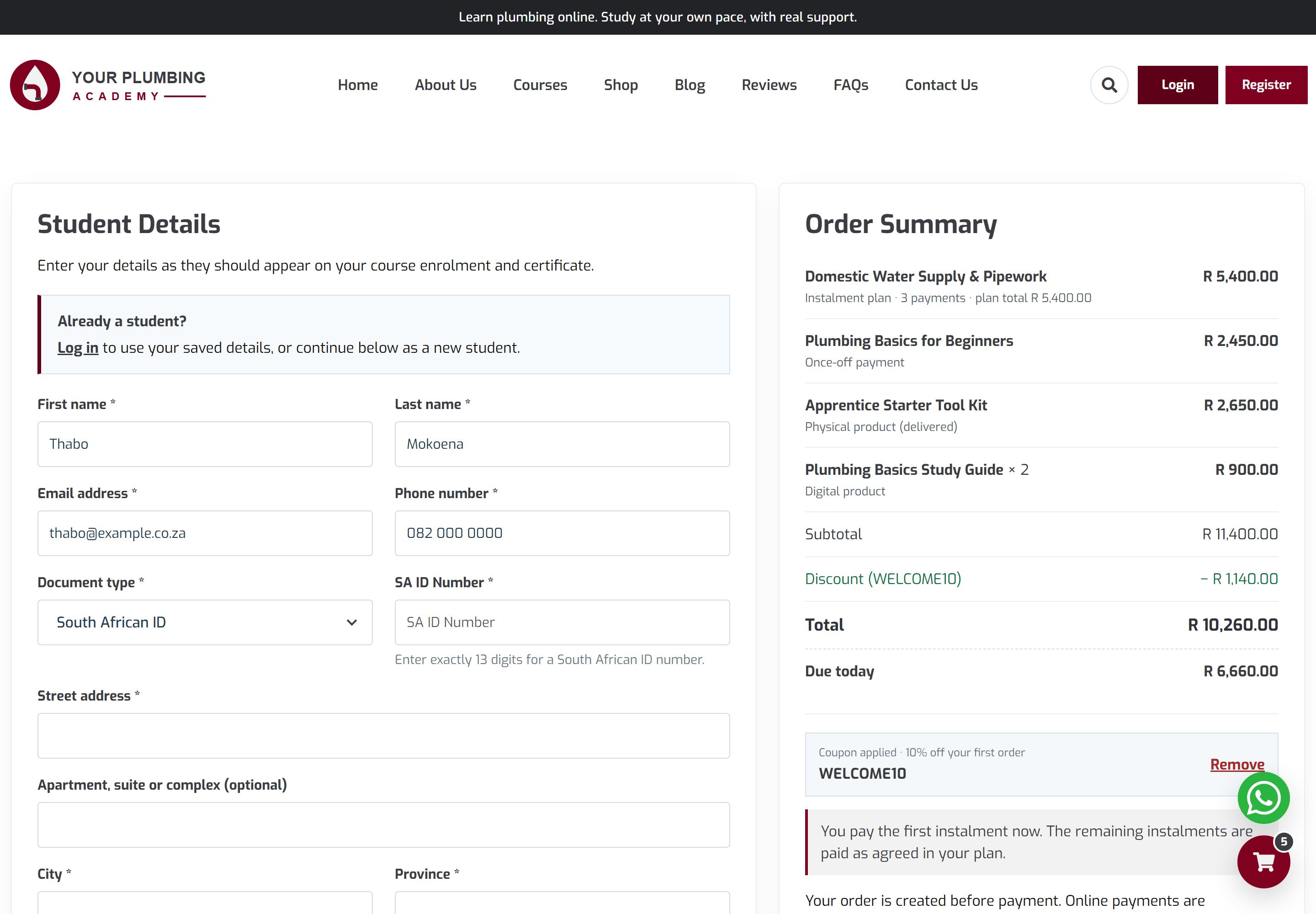 Checkout page with a Student Details form for name, email, phone, document type and SA ID number, a note for returning students to log in, and an order summary showing each item, the discount, the total and the amount due today.