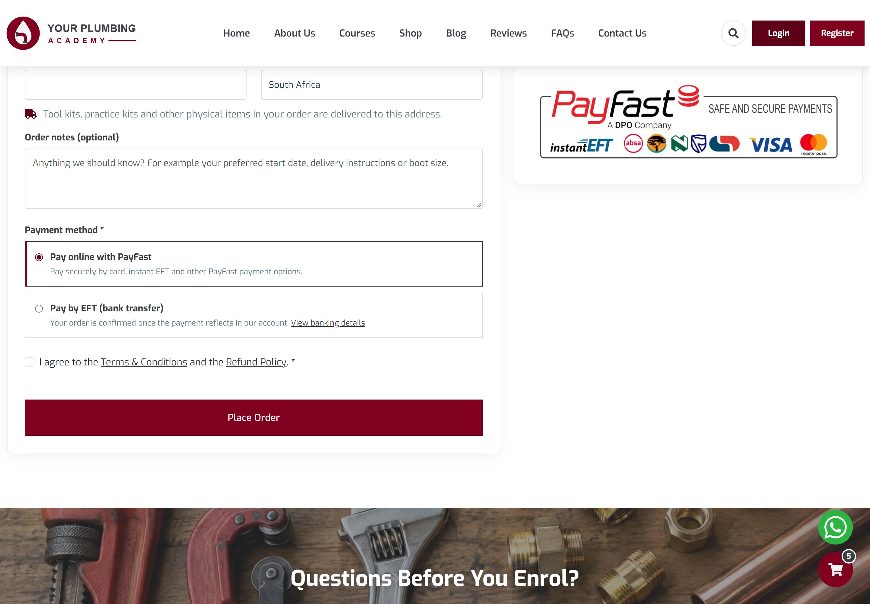 Checkout payment section with a choice to pay online with PayFast or by EFT bank transfer, a terms and conditions tick box, a Place Order button and a PayFast badge showing the accepted cards and instant EFT.