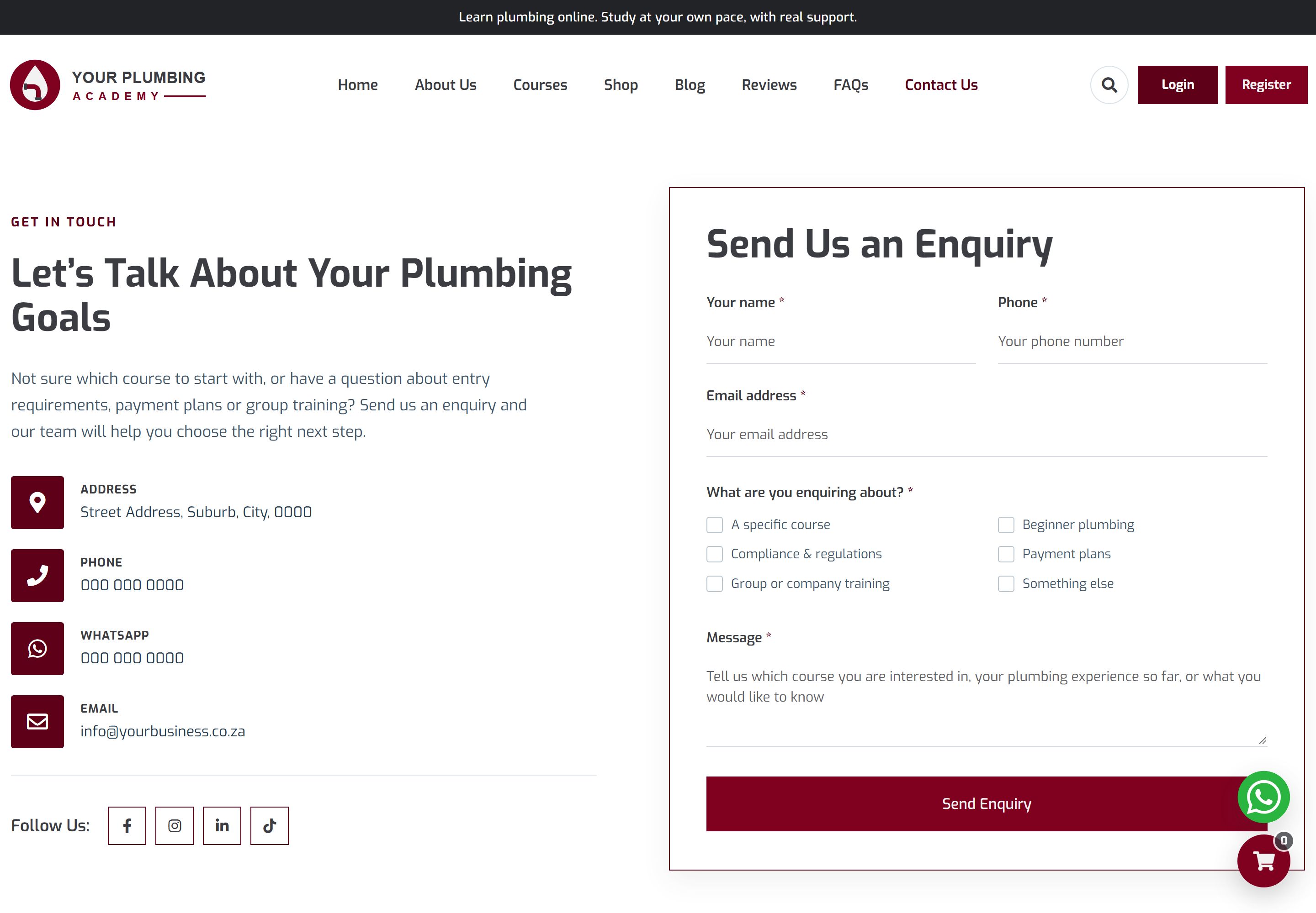 Contact page "Let's Talk About Your Plumbing Goals" with the academy's address, phone, WhatsApp and email on the left and a Send Us an Enquiry form with name, phone, email, areas of interest and a message.