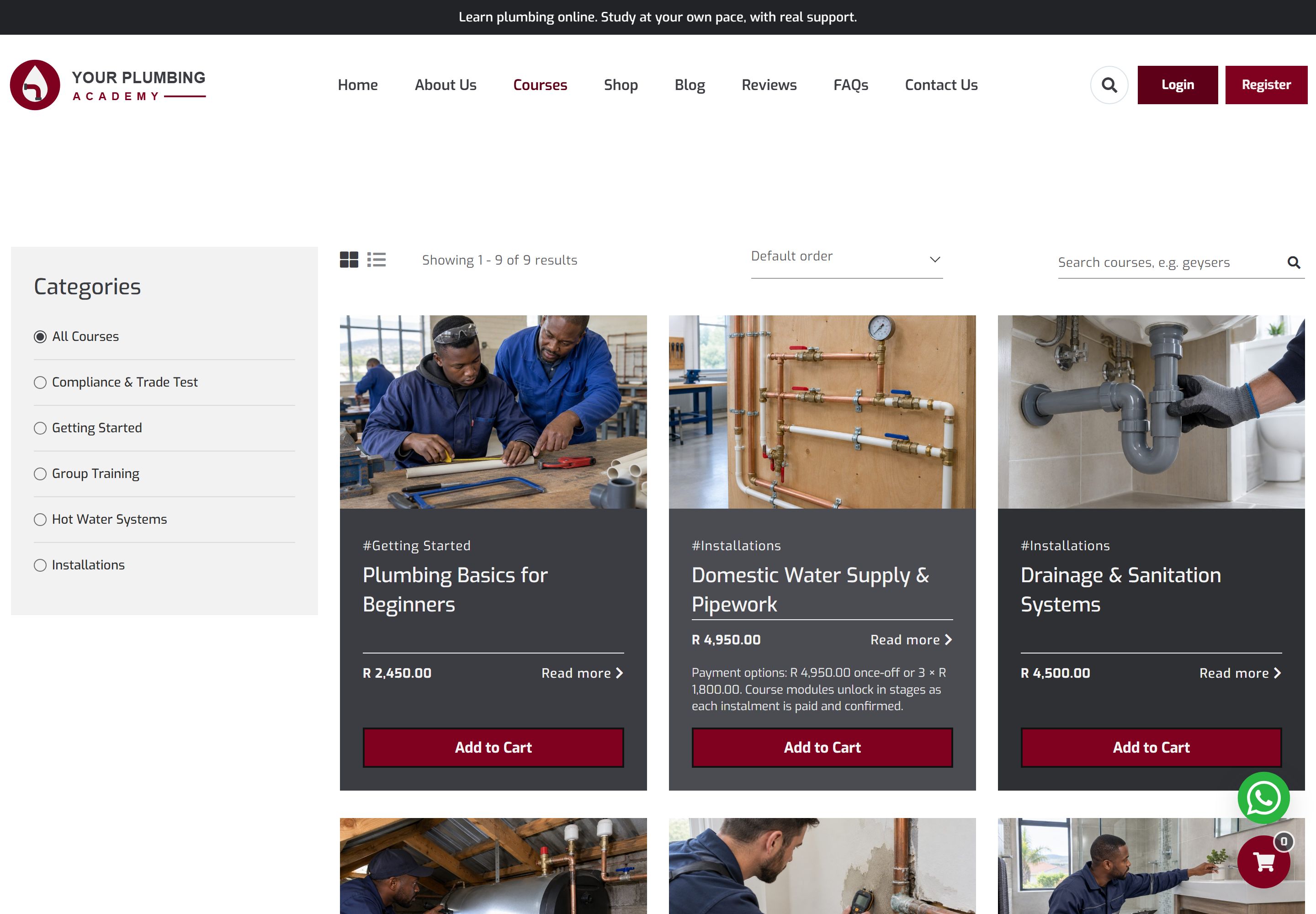Courses page with a category list on the left (Compliance & Trade Test, Getting Started, Group Training, Hot Water Systems, Installations), a grid and list toggle, sorting and search, and course cards showing a photograph, category, title, price and an Add to Cart button.