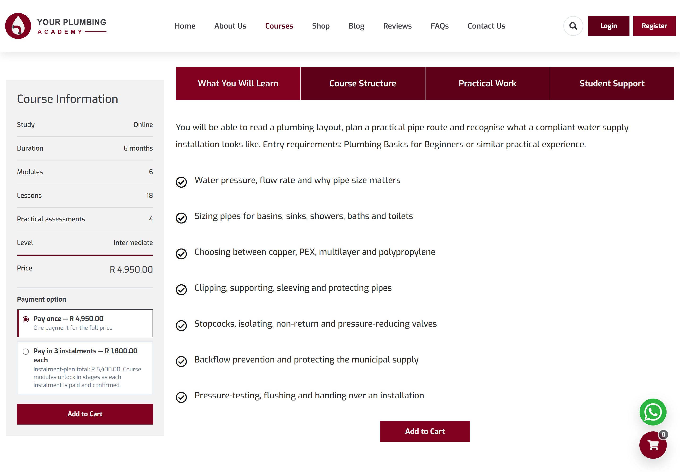 Course page tabs for What You Will Learn, Course Structure, Practical Work and Student Support, with the first tab open listing outcomes such as sizing pipes, choosing between copper, PEX and multilayer, isolating valves and pressure-testing an installation.