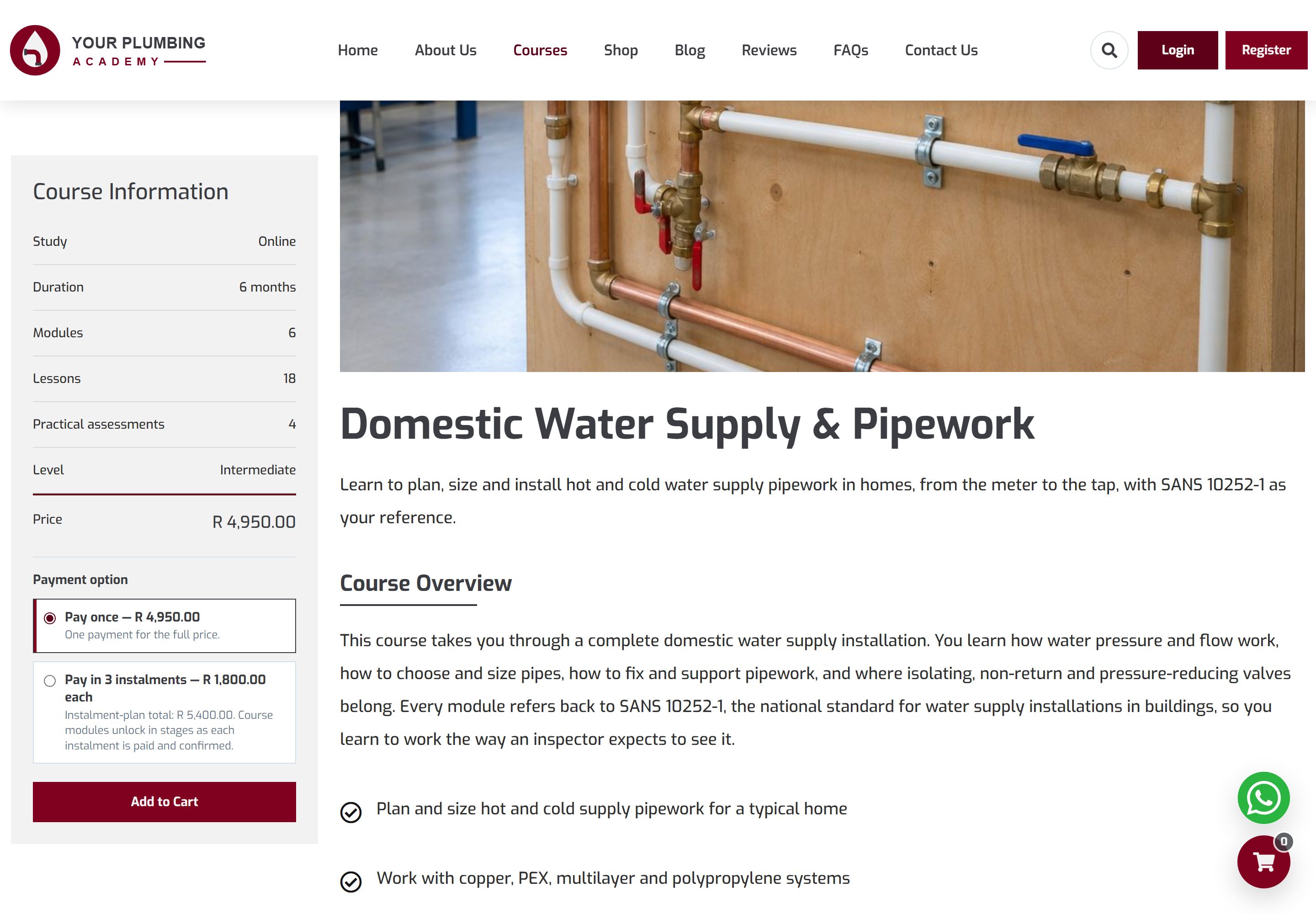 Course overview for Domestic Water Supply & Pipework describing the installation the course works through and the national standard it refers to, beside the course information panel with the once-off and instalment payment options.