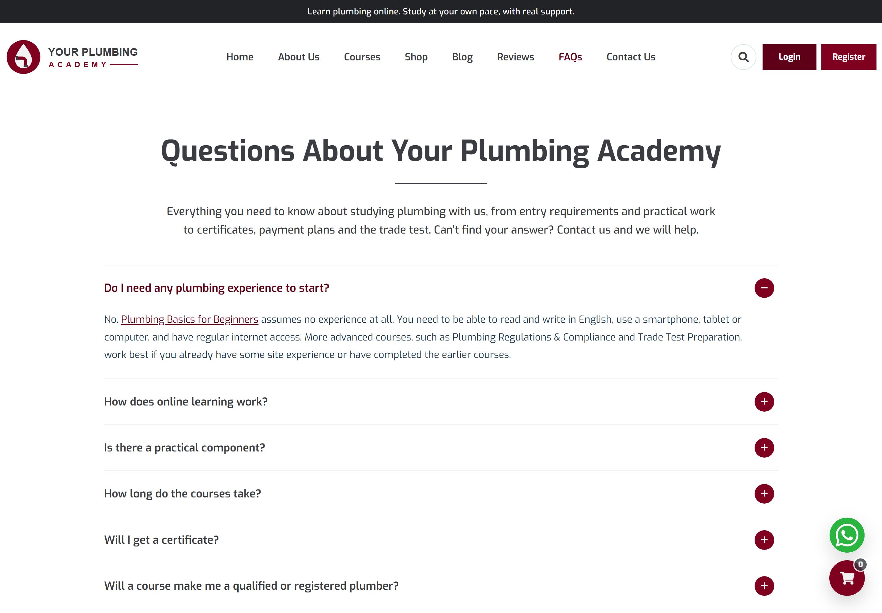 FAQ page "Questions About Your Plumbing Academy" with an accordion of questions on experience needed, online learning, practical components, course length, certificates and qualifications.