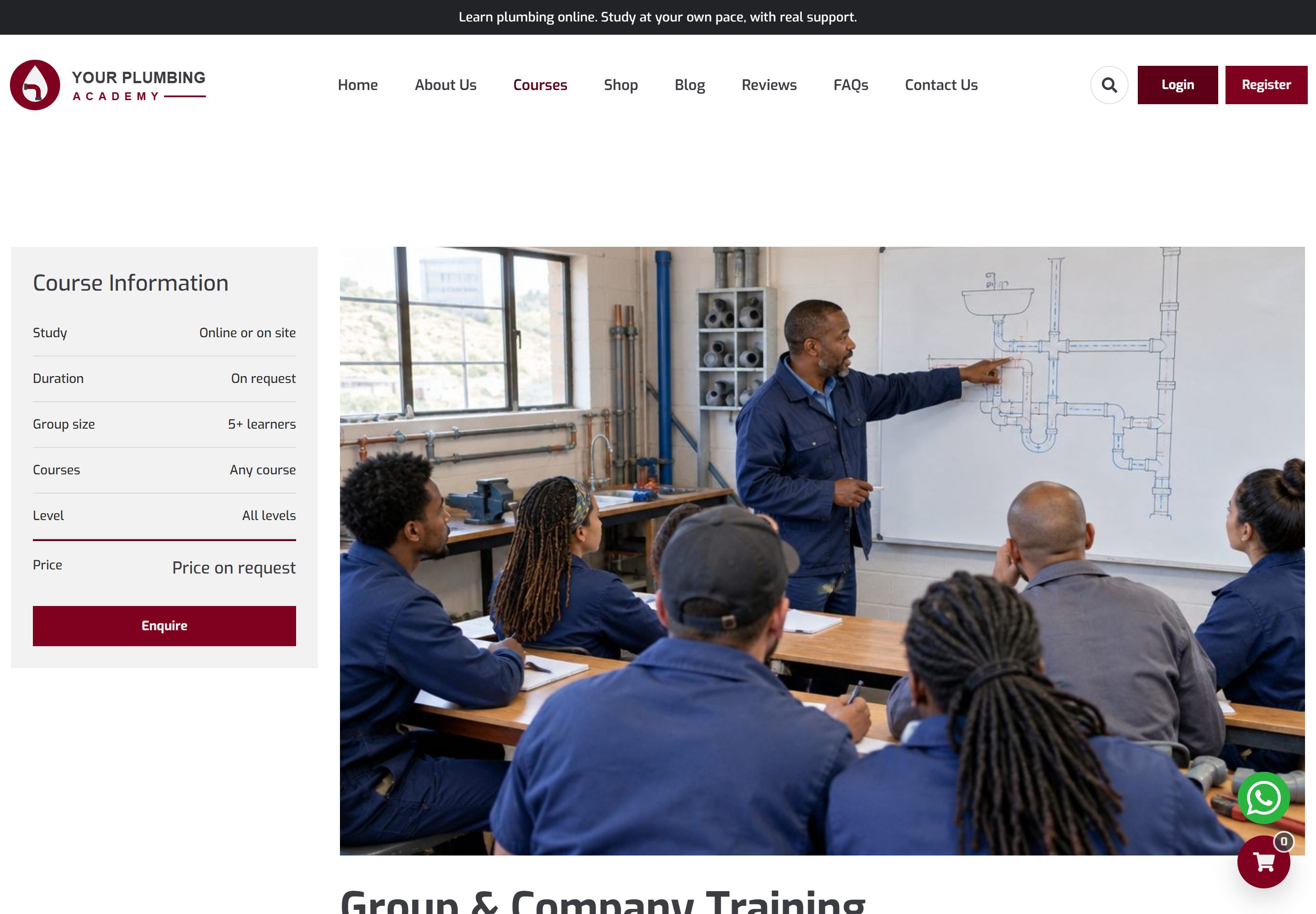 Group & Company Training course page with a photograph of a tutor at a whiteboard teaching a class in a workshop, and a Course Information panel showing online or on-site study, a group size of five or more learners, any course, all levels, "Price on request" and an Enquire button.