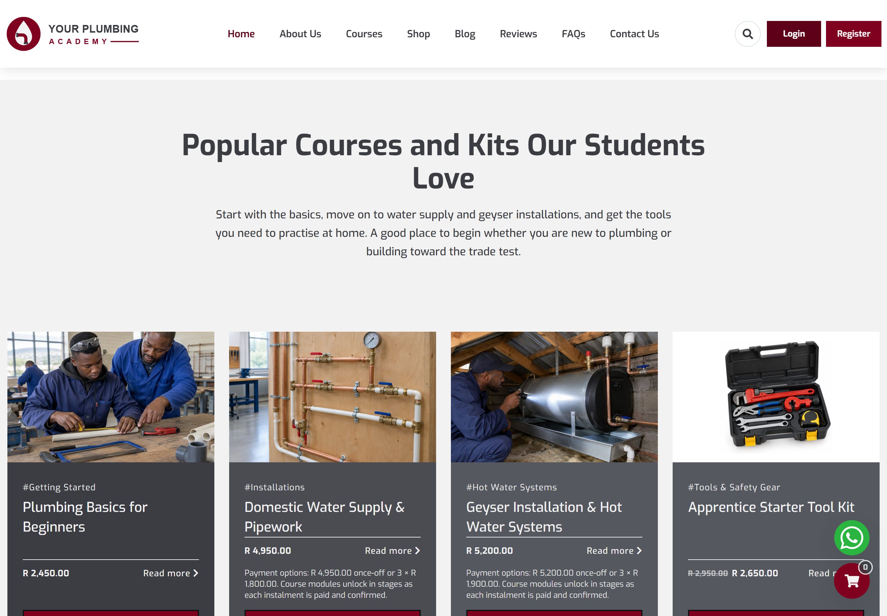 Home page section "Popular Courses and Kits Our Students Love" with four cards for Plumbing Basics for Beginners, Domestic Water Supply & Pipework, Geyser Installation & Hot Water Systems and an Apprentice Starter Tool Kit, each with its price, instalment note and an Add to Cart button.