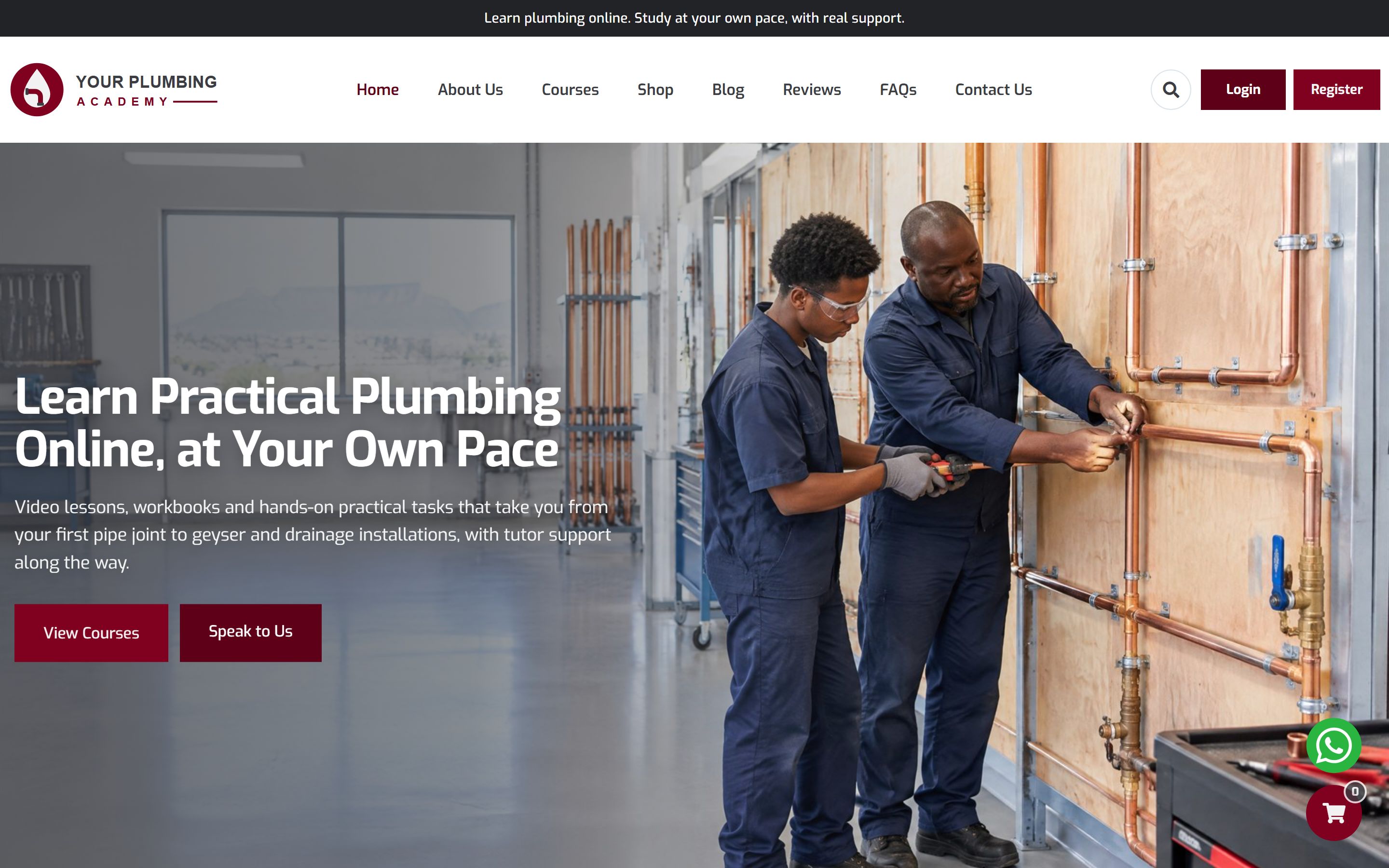 Your Plumbing Academy home page: a tutor and an apprentice fitting copper pipe on a workshop wall under the headline "Learn Practical Plumbing Online, at Your Own Pace", with View Courses and Speak to Us buttons and the menu, Login and Register above.
