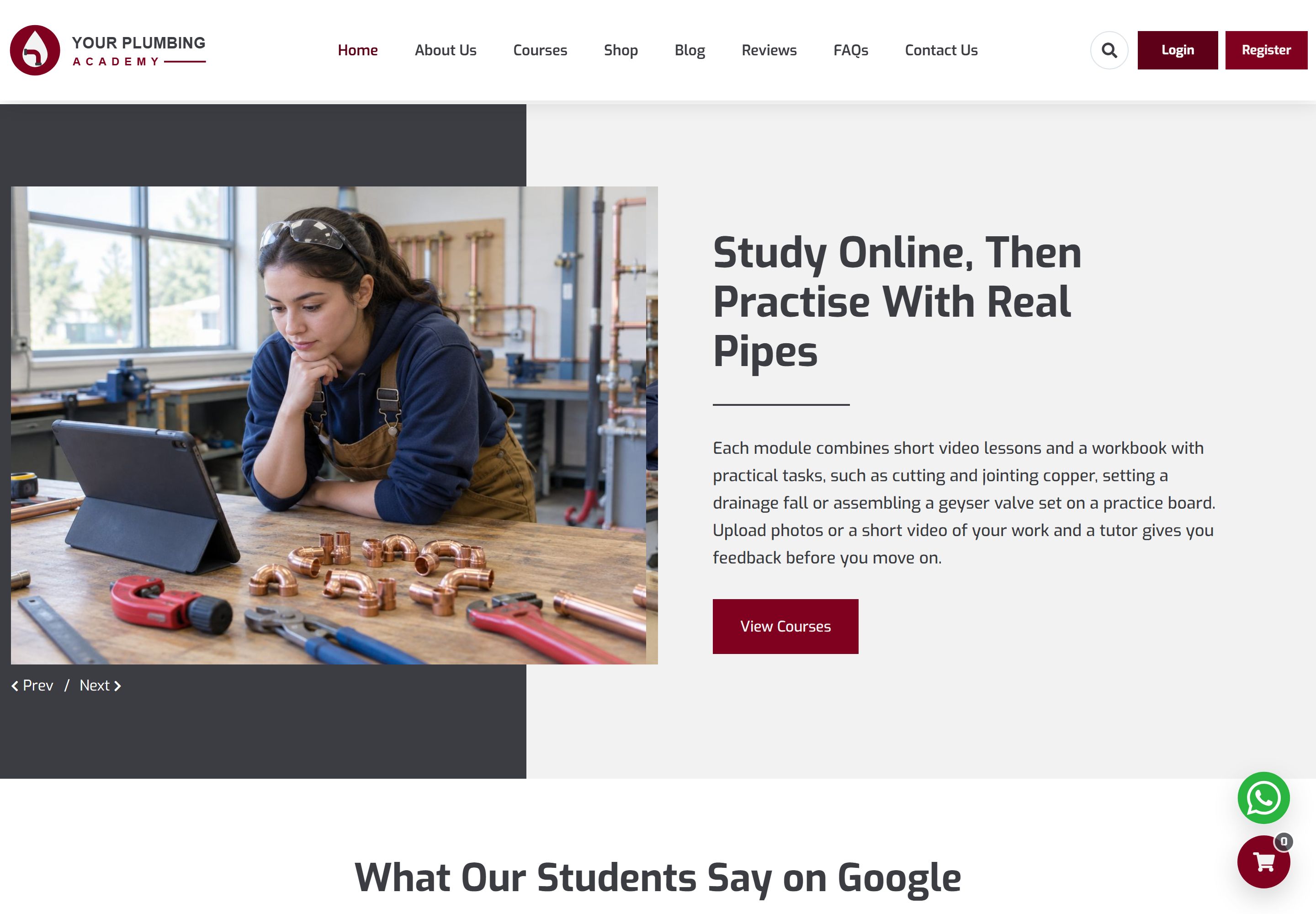 Home page section "Study Online, Then Practise With Real Pipes" with a photograph of a student studying on a tablet beside copper fittings and tools, a paragraph on video lessons, workbooks and tutor feedback, and a View Courses button.