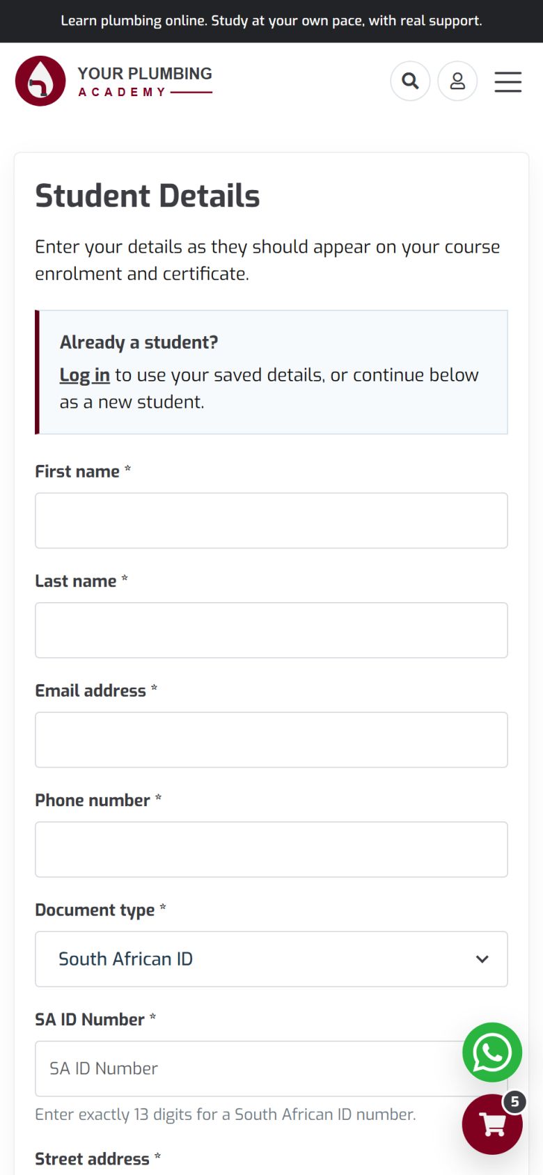 The checkout on a phone with the Student Details form, a note for returning students to log in, and fields for name, email, phone and document type.
