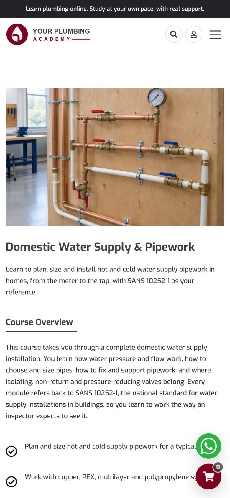 The Domestic Water Supply & Pipework course page on a phone with the course photograph, title, short description and the start of the course overview.