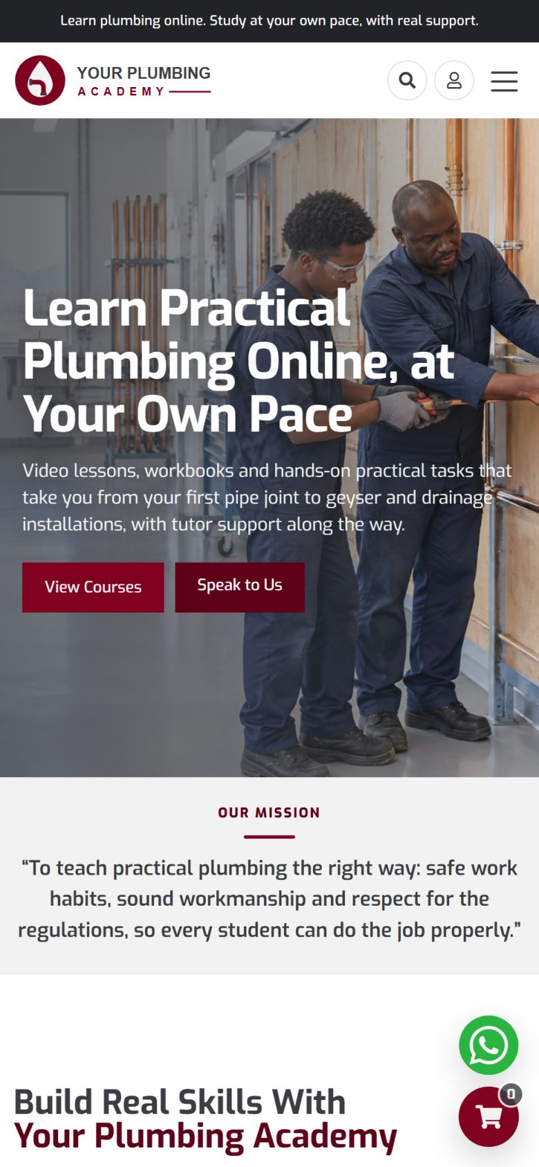 The academy home page on a phone with the headline "Learn Practical Plumbing Online, at Your Own Pace", View Courses and Speak to Us buttons and the academy's mission below.