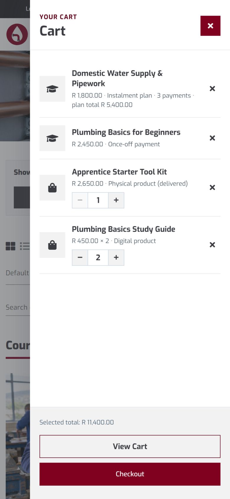 The cart open on a phone listing a course on an instalment plan, a once-off course, a tool kit and study guides with quantity controls, the selected total and View Cart and Checkout buttons.