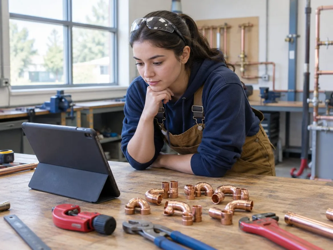 A student studying a plumbing lesson on a tablet at a workbench, beside copper fittings and hand tools