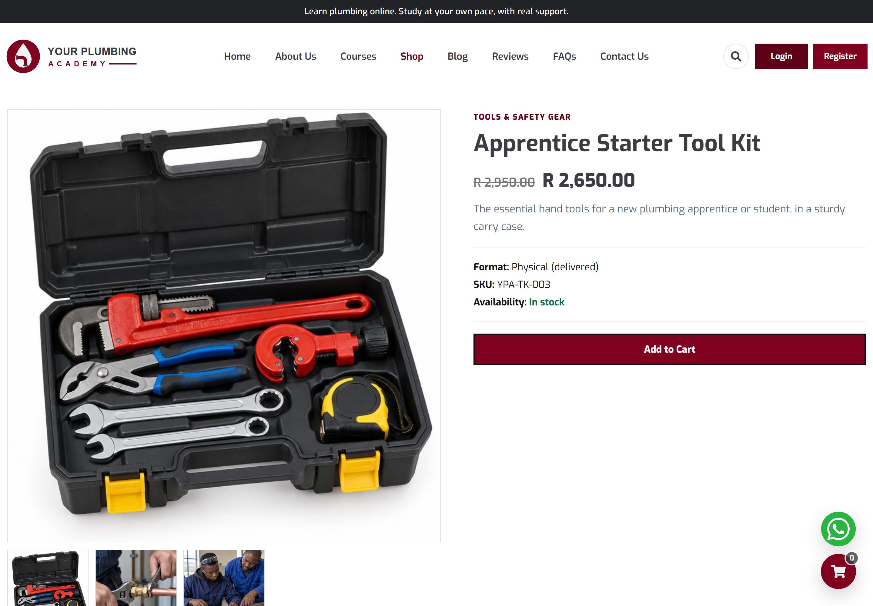 Product page for the Apprentice Starter Tool Kit with a large photograph of an open tool case and smaller thumbnails, the old price of R 2,950 struck through beside the sale price of R 2,650, the format, SKU and stock status, and an Add to Cart button.