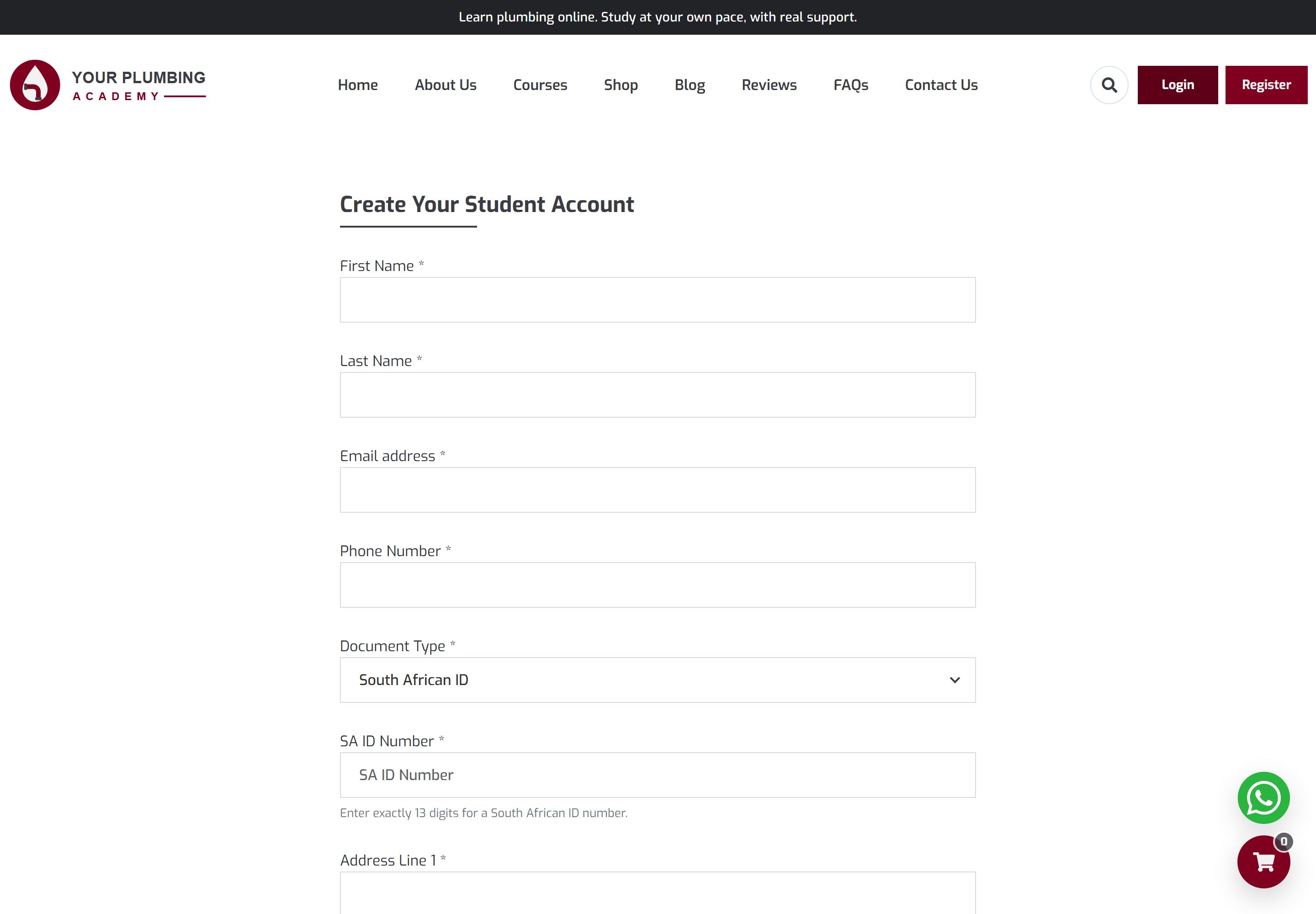 Registration page "Create Your Student Account" with fields for first name, last name, email address, phone number, document type, SA ID number and address.