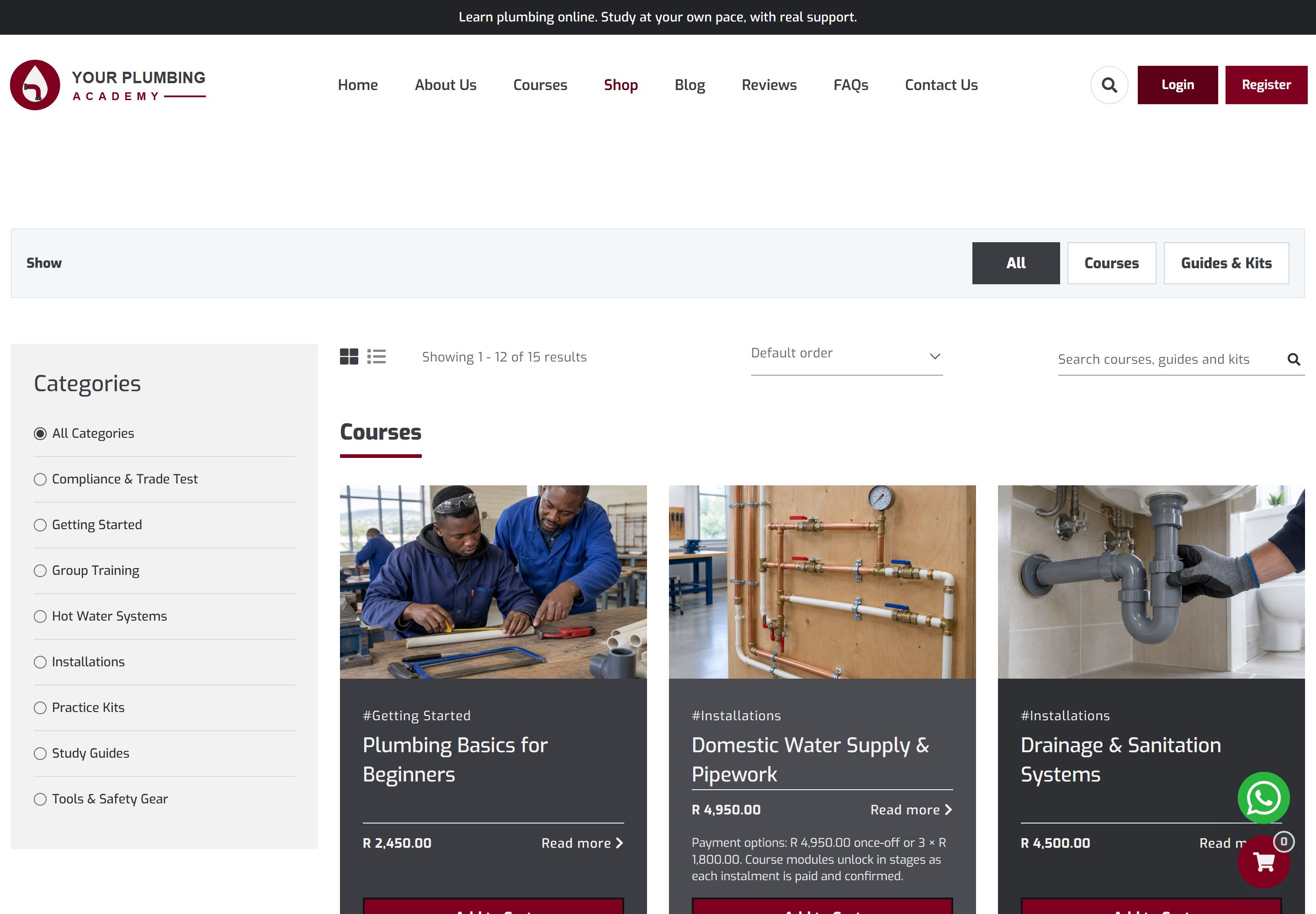 Shop page with All, Courses and Guides & Kits buttons, a category list including Practice Kits, Study Guides and Tools & Safety Gear, and a grid of course cards with prices and instalment notes.