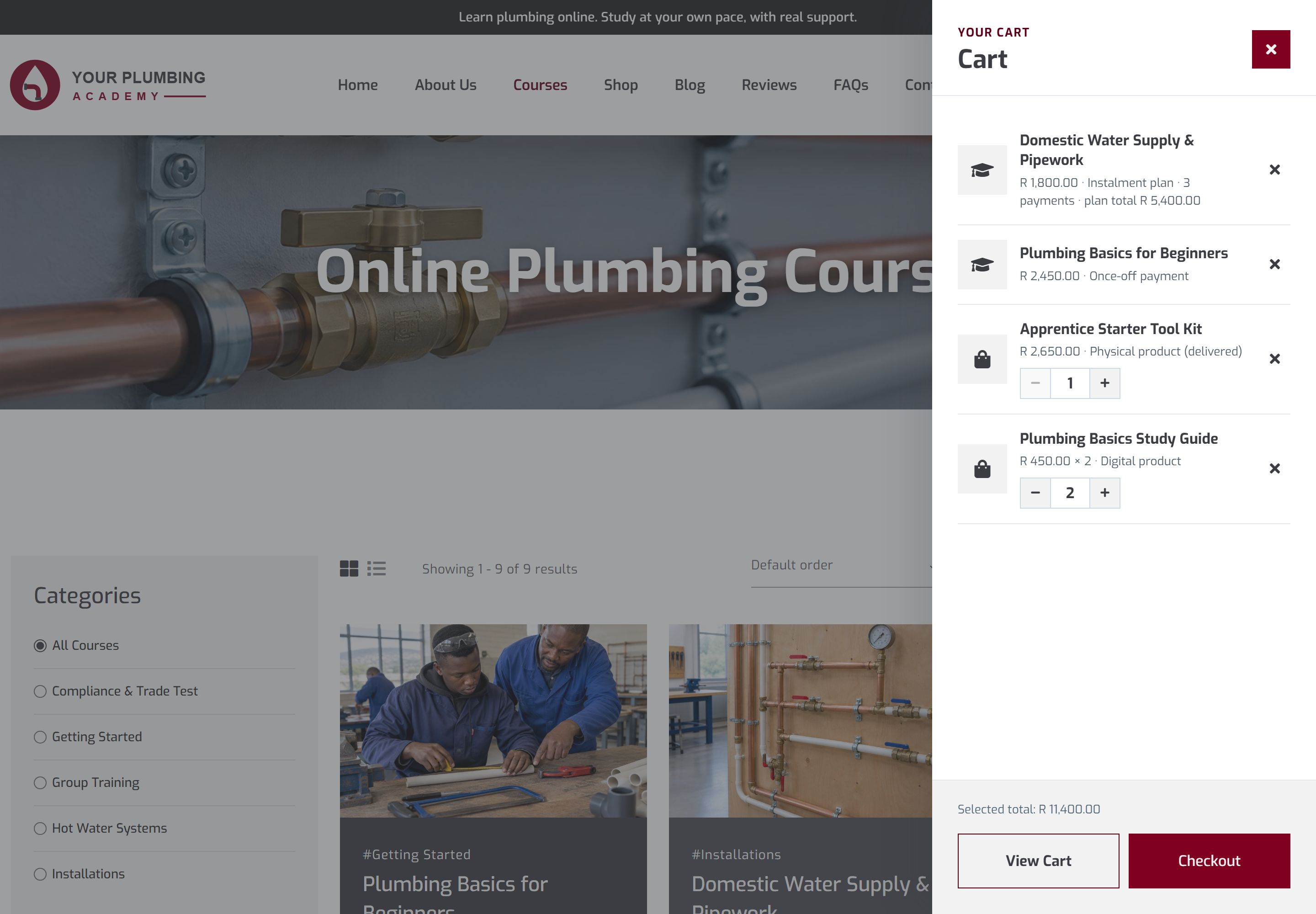 The cart sliding in from the right of the courses page, listing a course on an instalment plan, a once-off course, a tool kit and two study guides with quantity controls, a selected total of R 11,400 and View Cart and Checkout buttons.