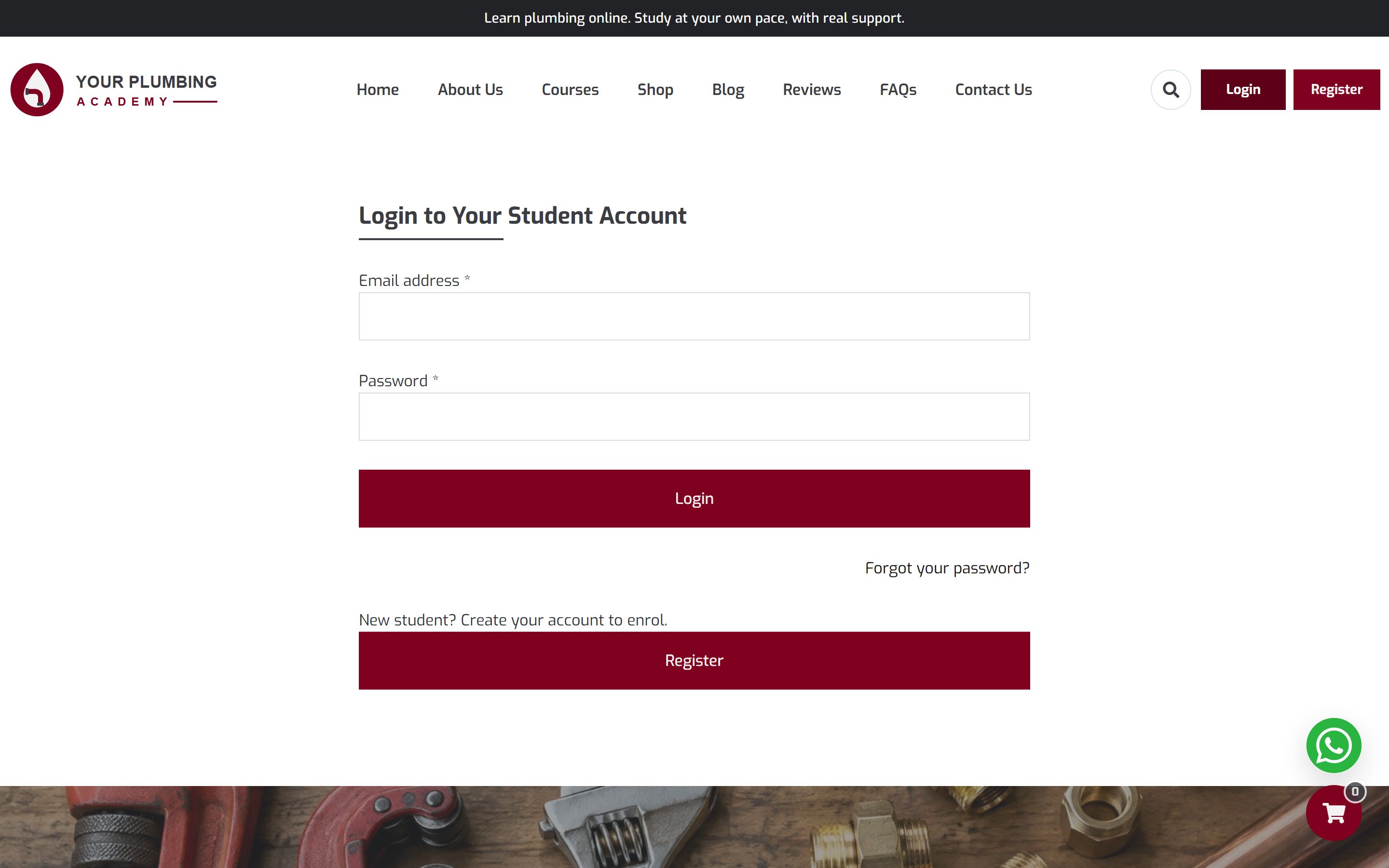 Login page "Login to Your Student Account" with email and password fields, a Login button, a forgotten password link and a Register button for new students.