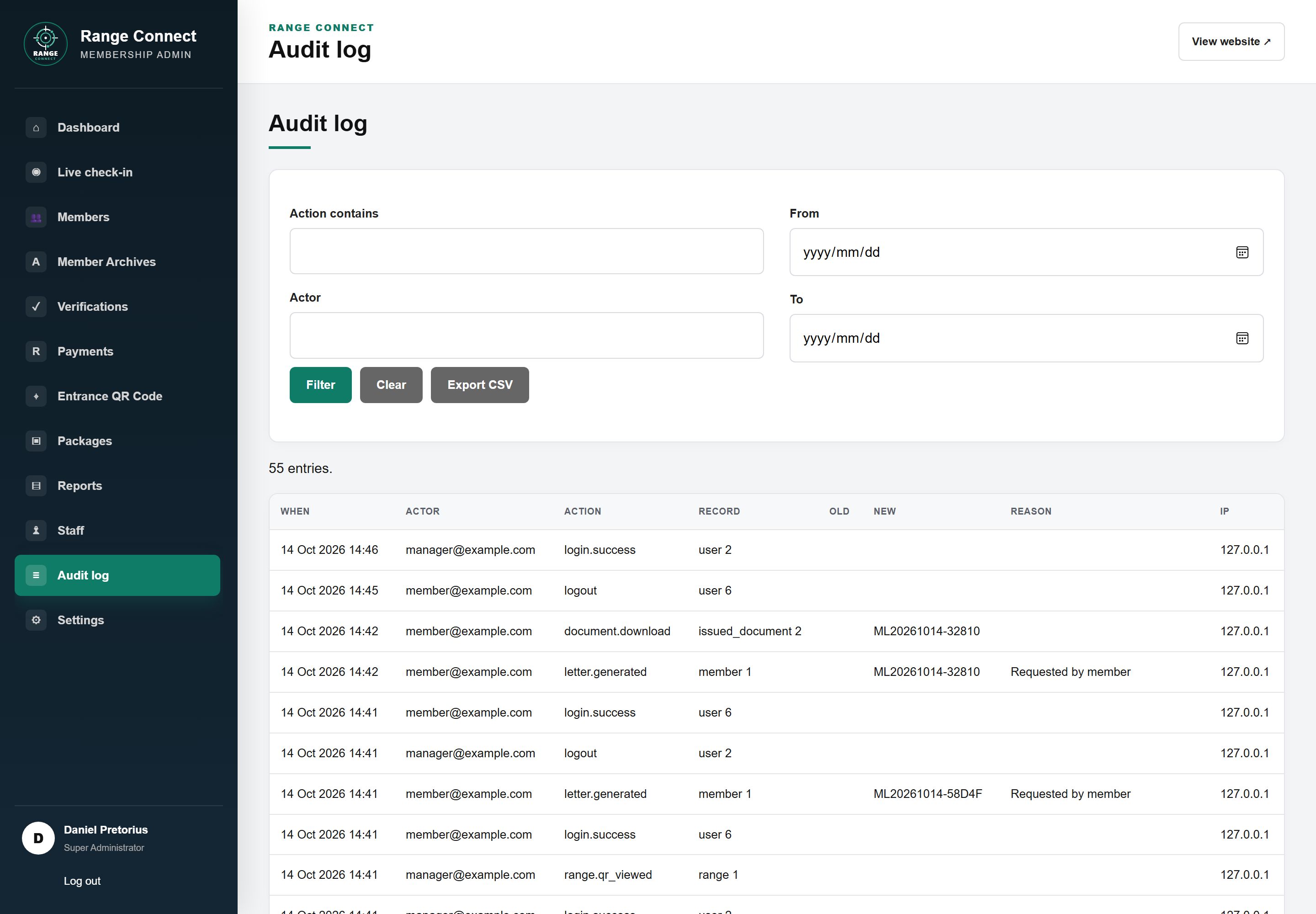 Admin Audit log with filters for action, actor and date range and a table of recorded actions such as member approvals, verified visits and recorded payments, with who did them and when.