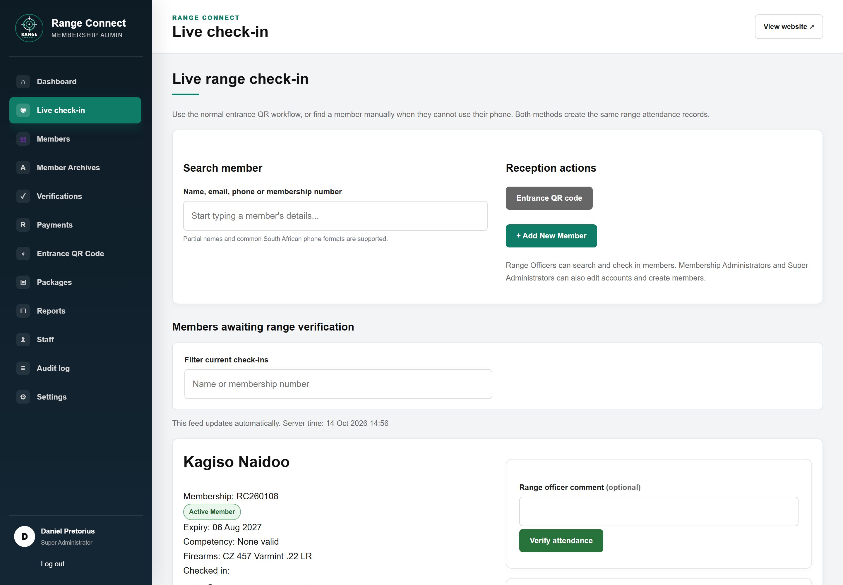 Admin Live range check-in screen with a member search, reception actions for the entrance QR code and adding a new member, and a list of members awaiting range verification with a Verify attendance button.