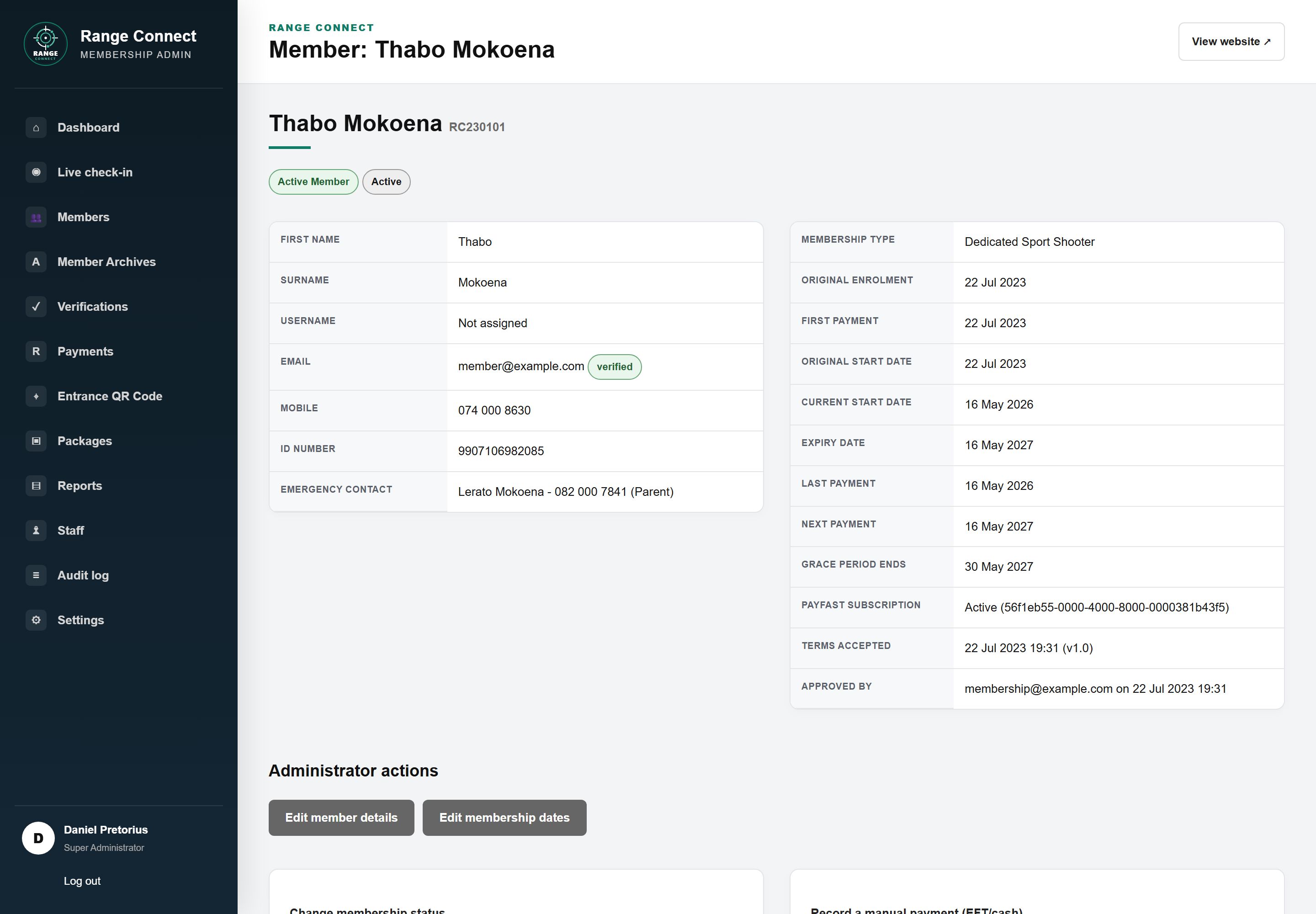 Admin member record for Thabo Mokoena showing personal and contact details, membership type and dates, PayFast subscription and approval details, with administrator actions to edit member details and membership dates.