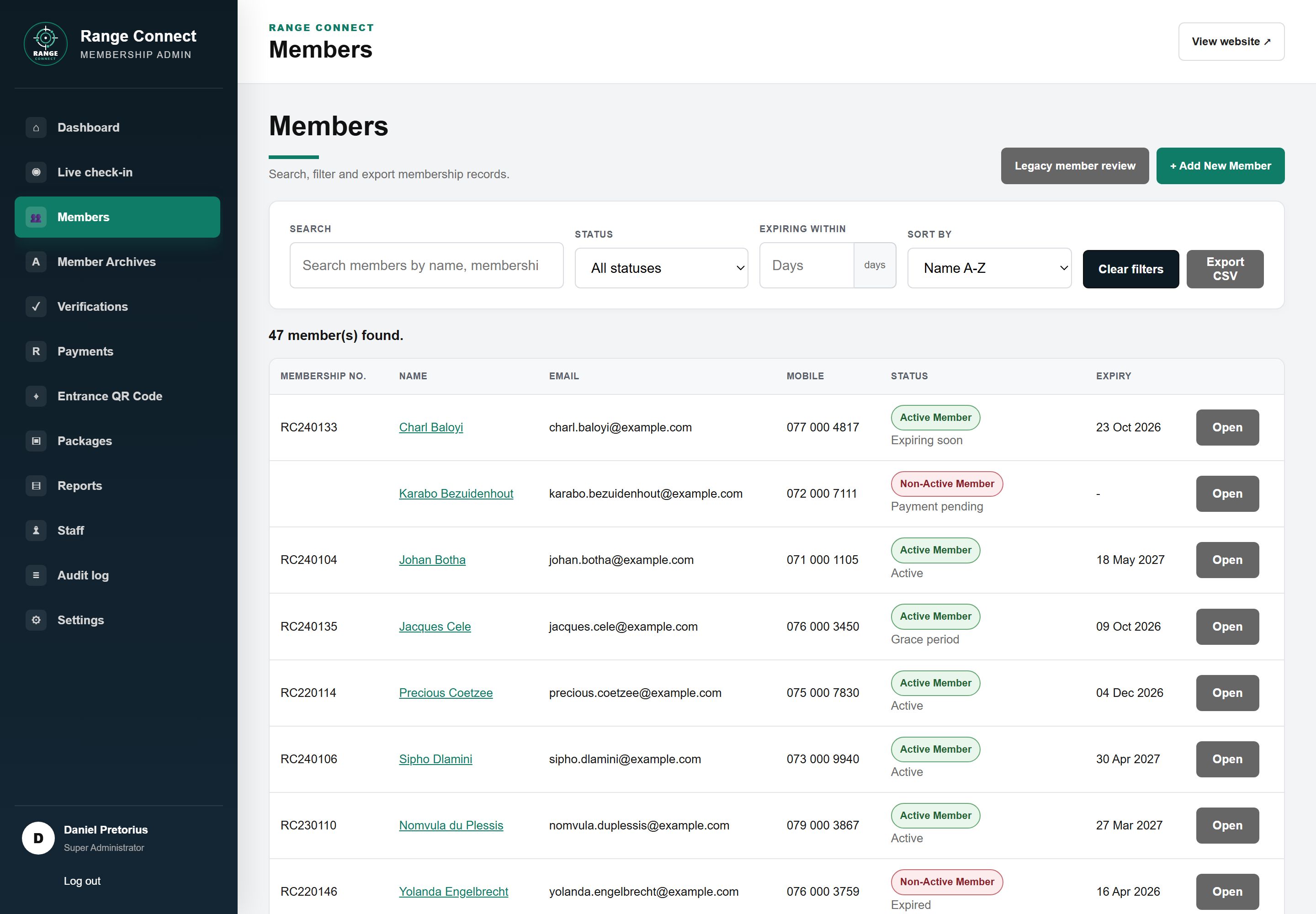 Admin Members list with search, status, expiry and sort filters, Add New Member and Export CSV buttons, and rows showing membership number, name, email, mobile, status badge and expiry date.