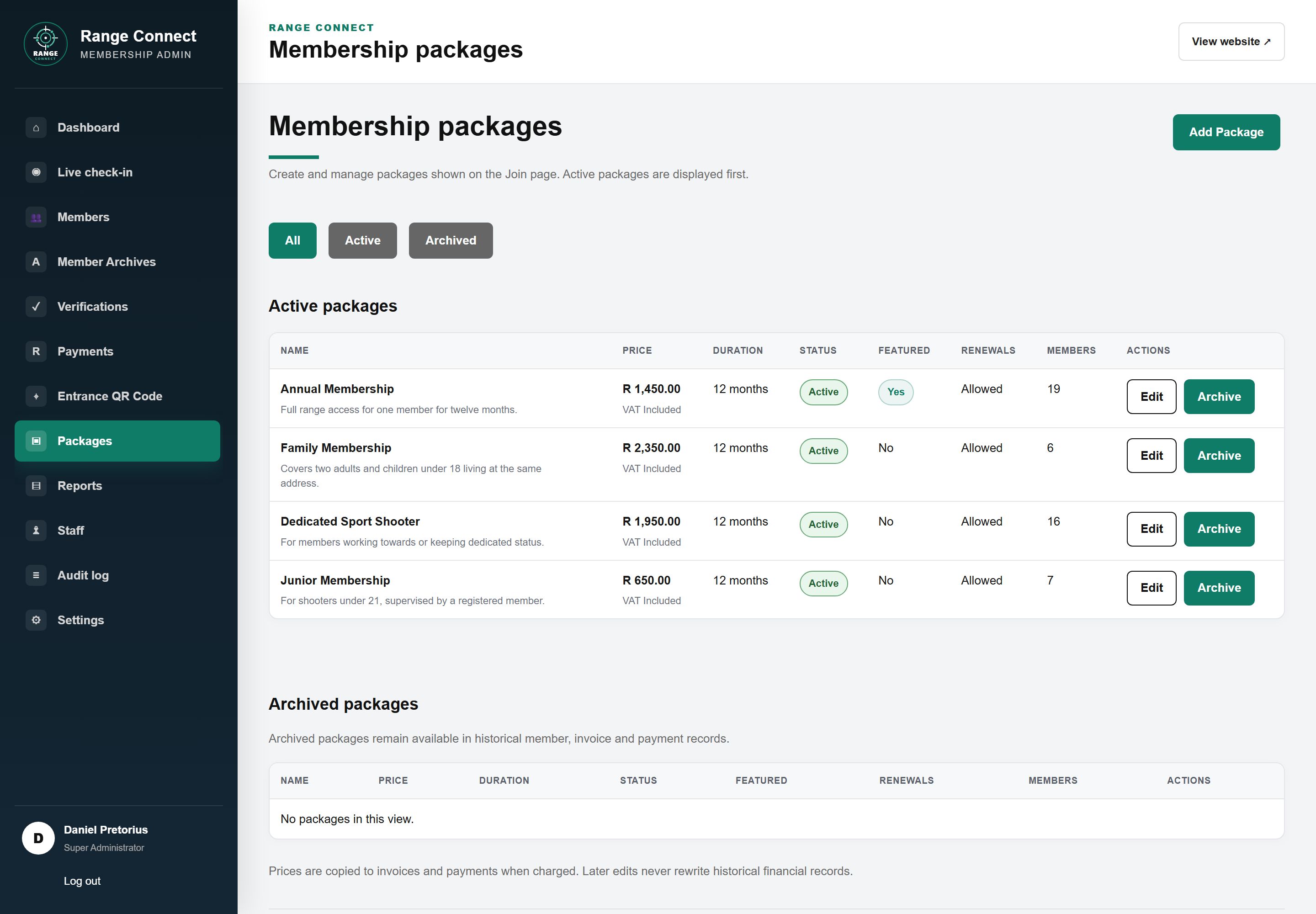 Admin Membership packages list showing Annual, Family, Dedicated Sport Shooter and Junior memberships with price, duration, approval setting, status and Edit buttons, and an Add Package button.