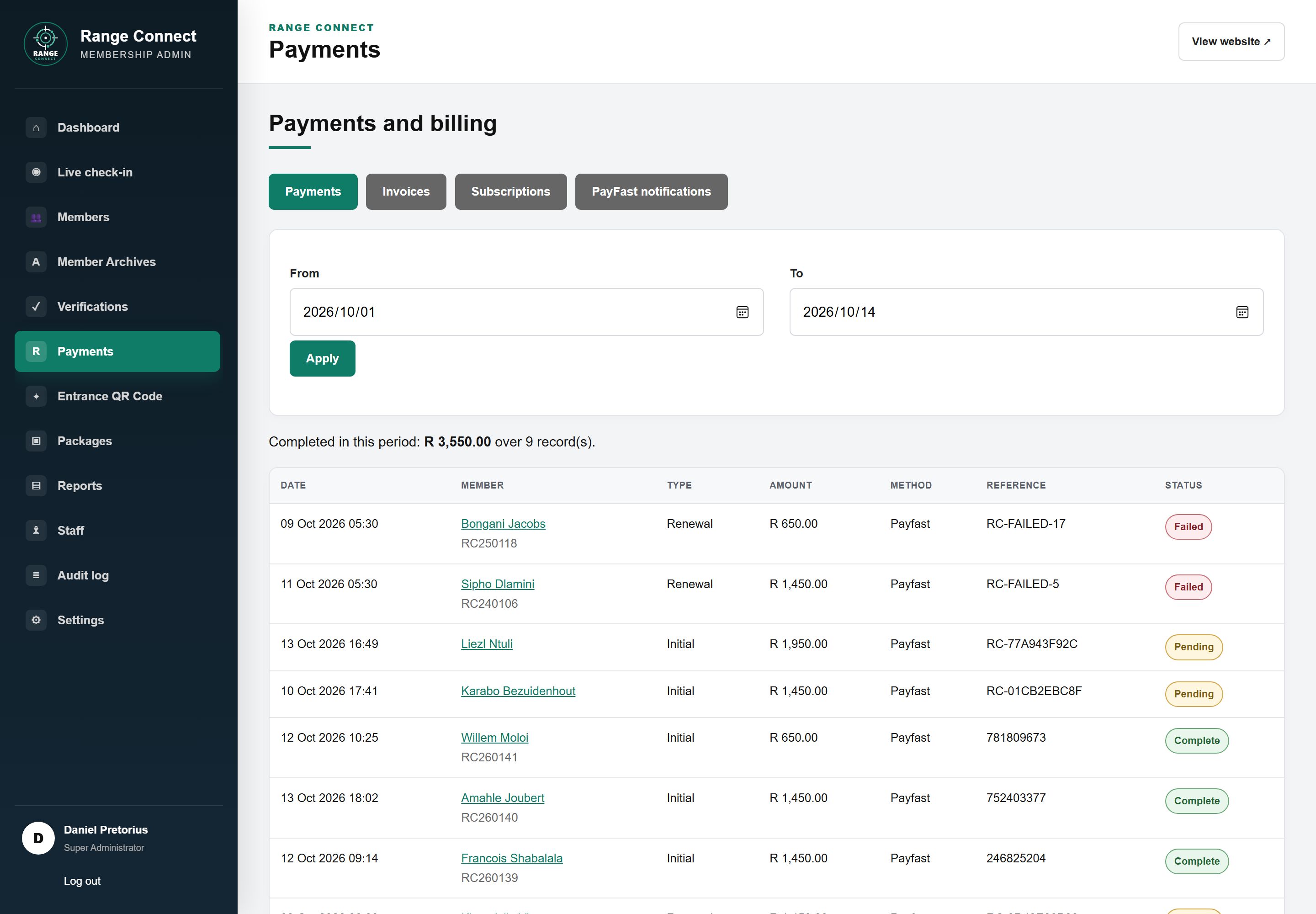 Admin Payments and billing page with tabs for payments, invoices, subscriptions and PayFast notifications, a date filter and a list of PayFast and EFT payments with amounts, references and status.
