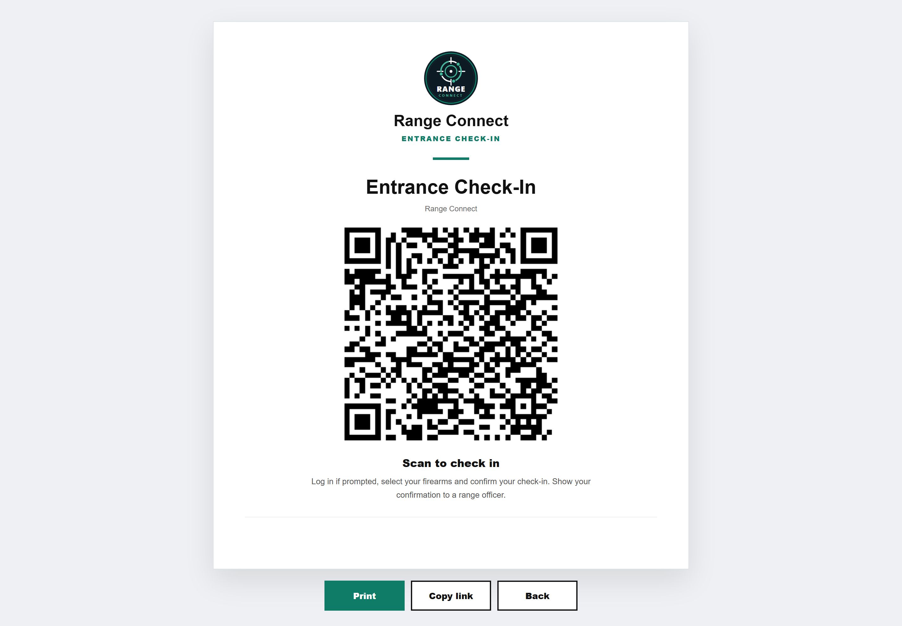 Printable entrance check-in poster with the Range Connect logo, a large QR code, the instruction "Scan to check in" and Print, Copy link and Back buttons.