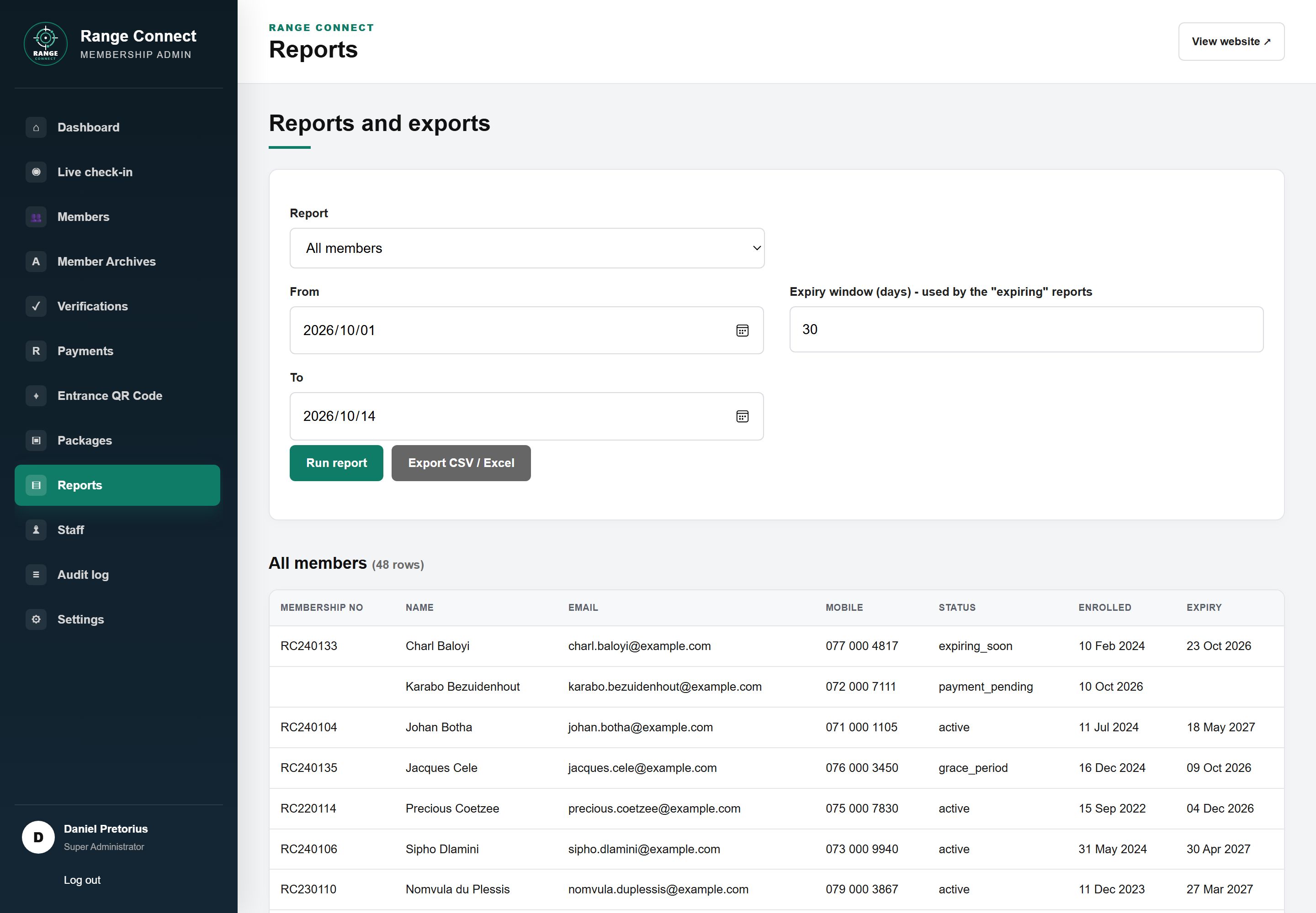 Admin Reports and exports page with a report type selector, date range and Run report and Export CSV buttons above a member list report.
