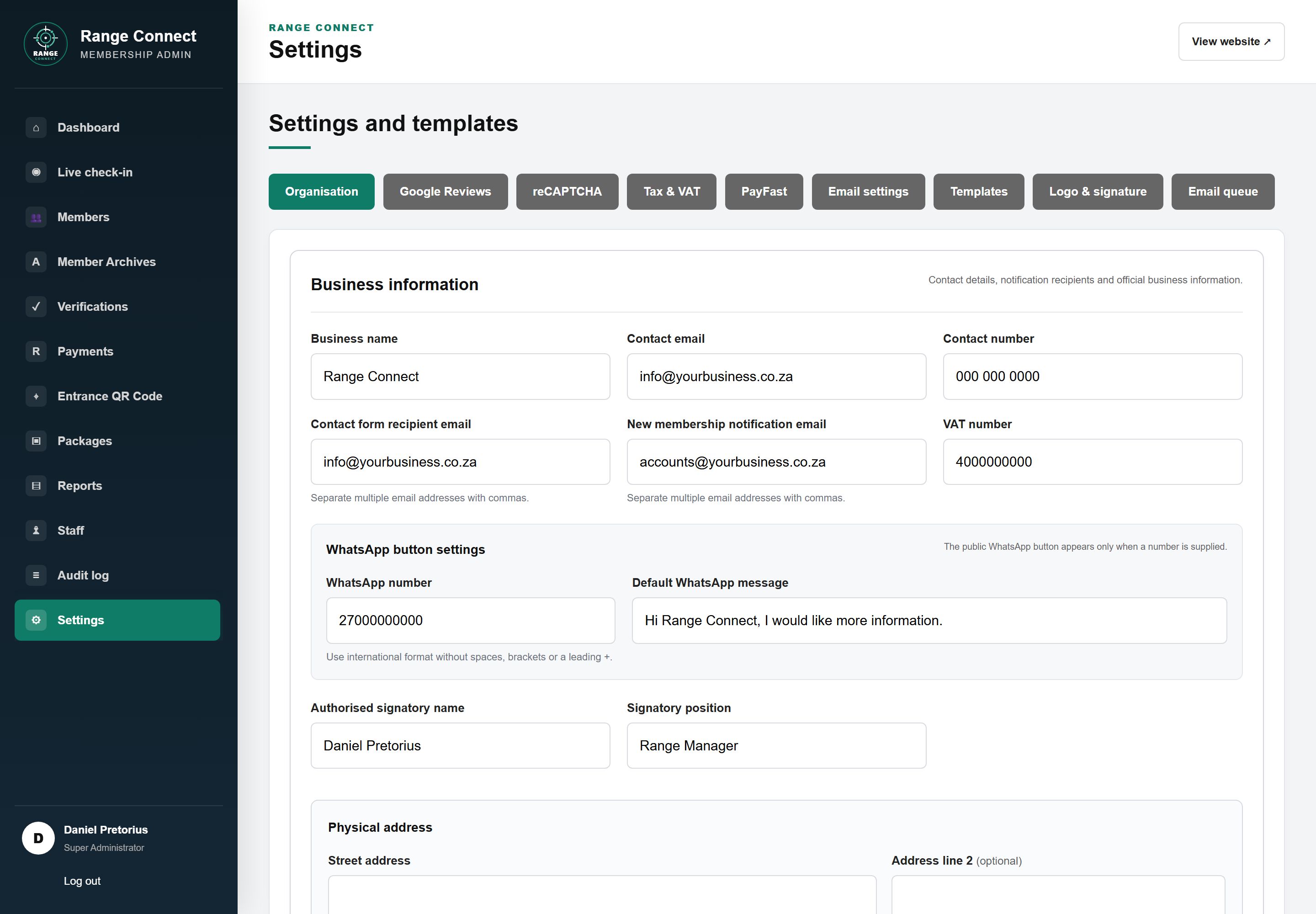 Admin Settings and templates page with tabs for organisation, Google Reviews, reCAPTCHA, PayFast, email, templates and security, showing business name, contact email, phone number and WhatsApp button settings.