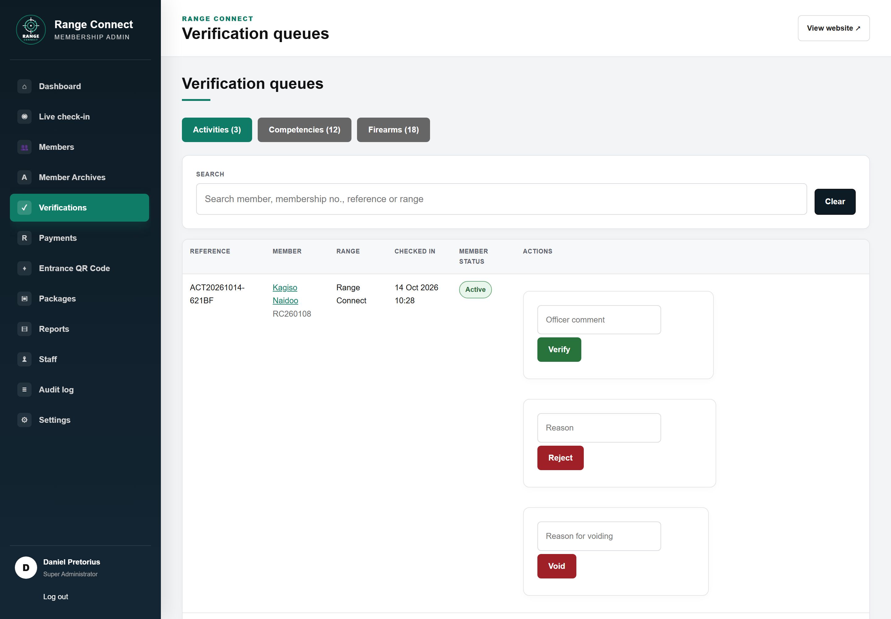 Admin Verification queues with tabs for activities, competencies and firearms, a search box and a pending activity row with Verify and Reject buttons.