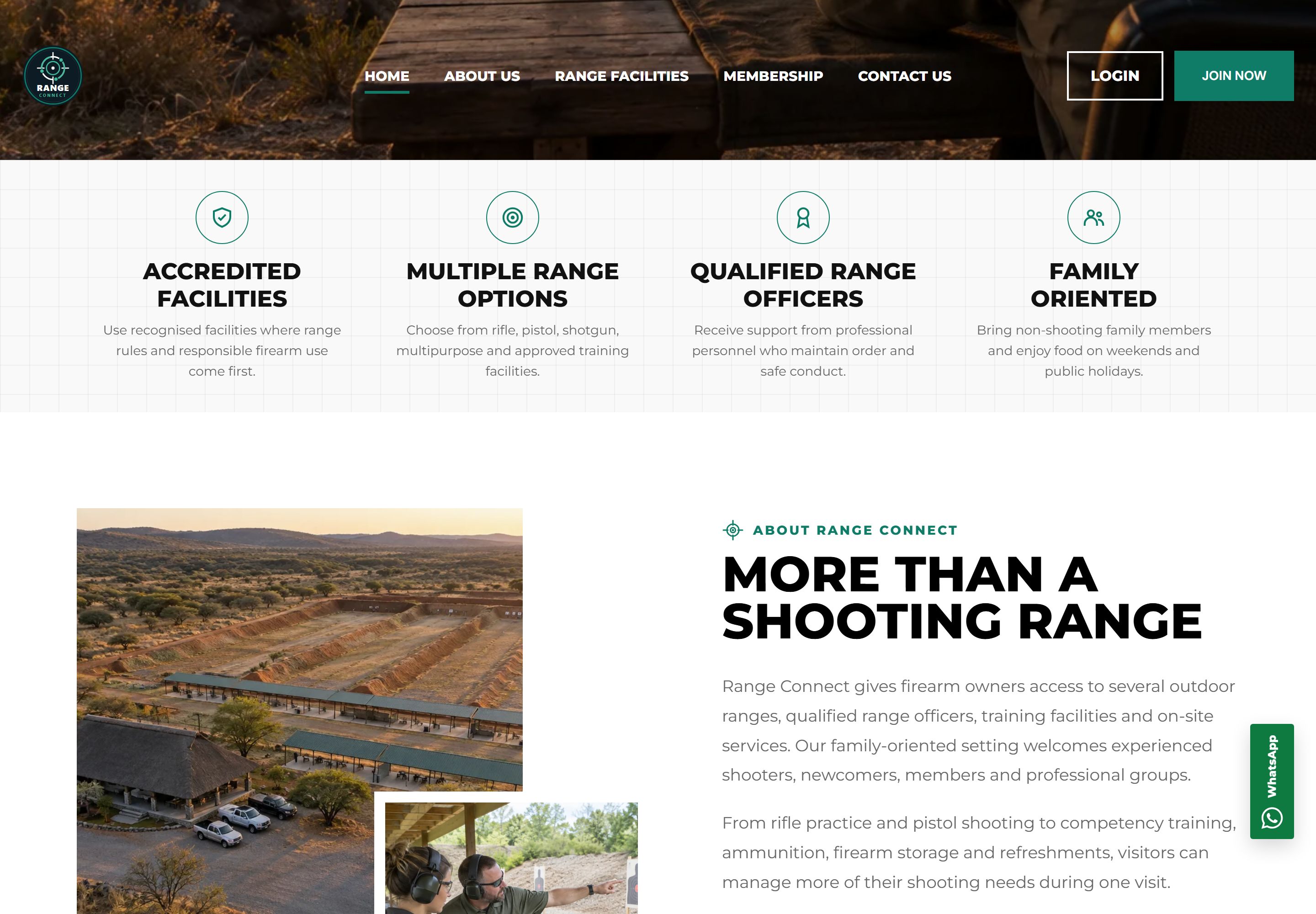 Home page benefits row for accredited facilities, multiple range options, qualified range officers and a family-friendly setting, above an About section with an aerial photograph of the range and a 20+ years badge.