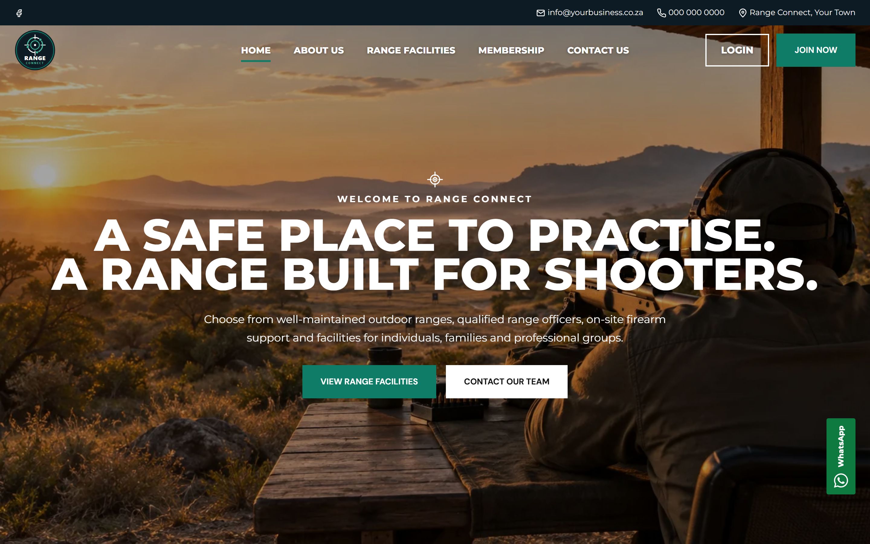 Range Connect home page: a sport shooter at a covered firing bench at sunrise under the headline "A Safe Place to Practise. A Range Built for Shooters.", with View Range Facilities and Contact Our Team buttons and a Join Now button in the header.