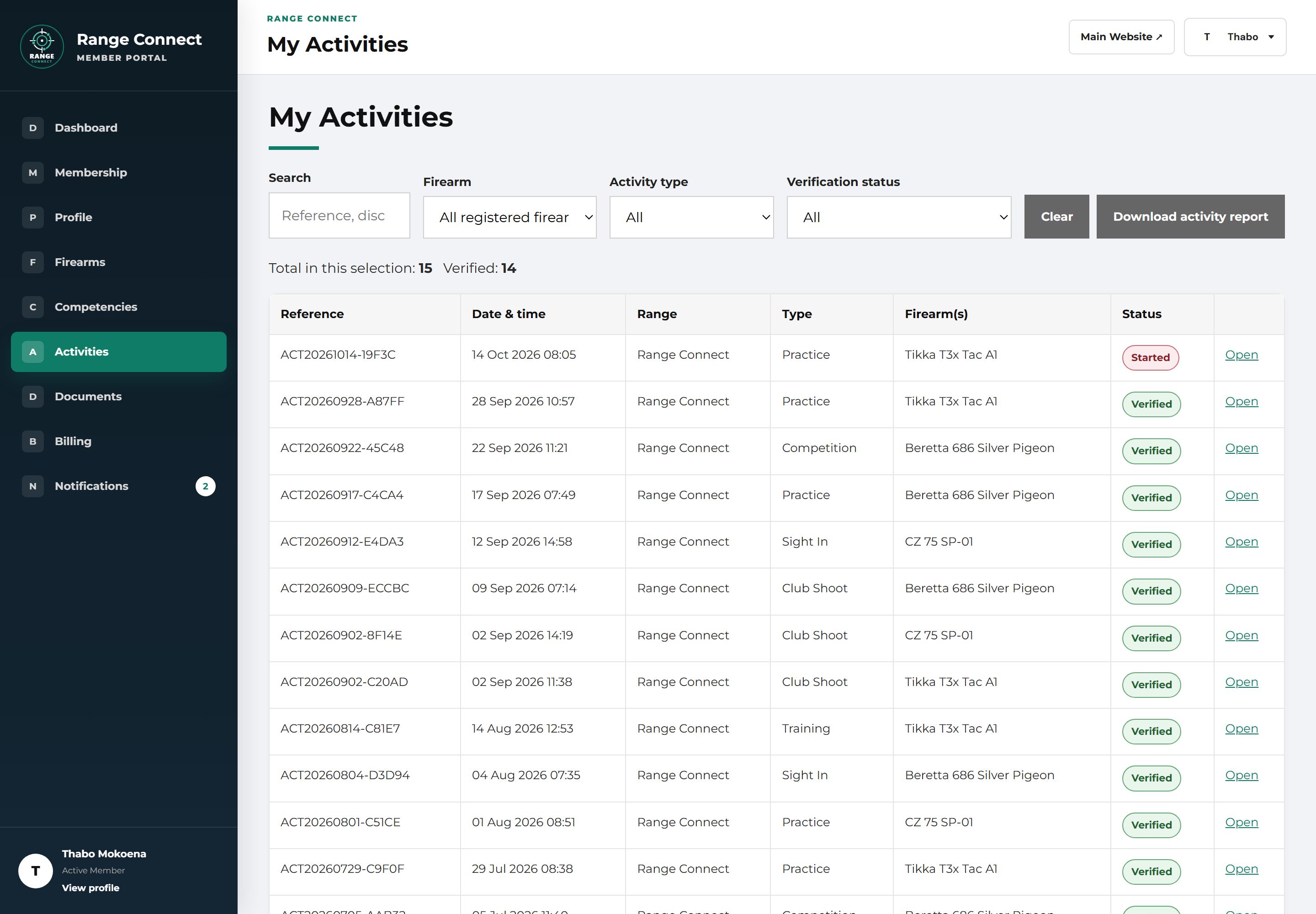 My Activities page with filters for firearm, activity type and verification status, a Download activity report button and a table of range visits showing reference, date, type, firearm and Verified status.