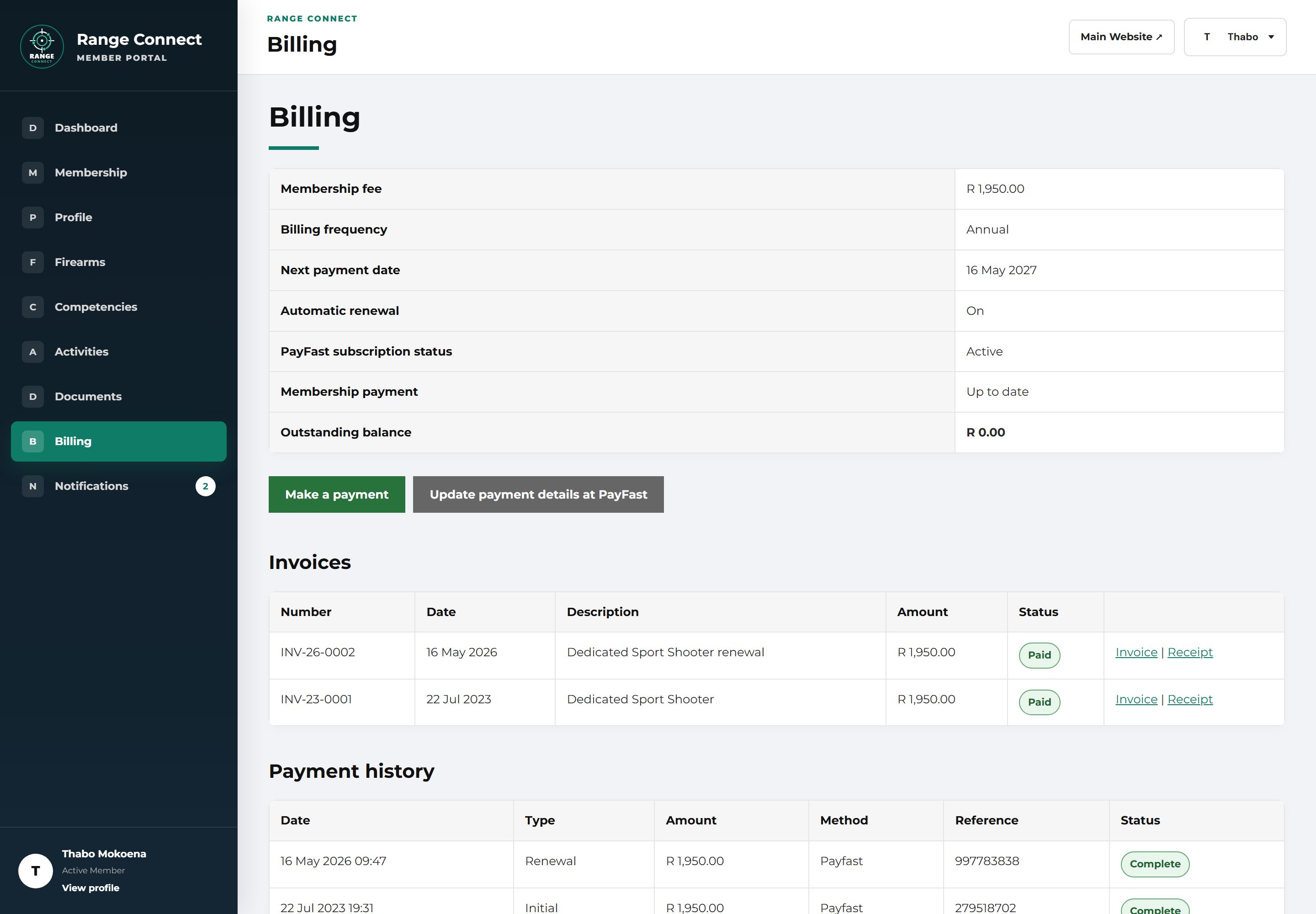Billing page showing the membership fee, annual billing frequency, next payment date, automatic renewal and PayFast subscription status, Make a payment and Update payment details buttons, and a list of paid invoices and payment history.
