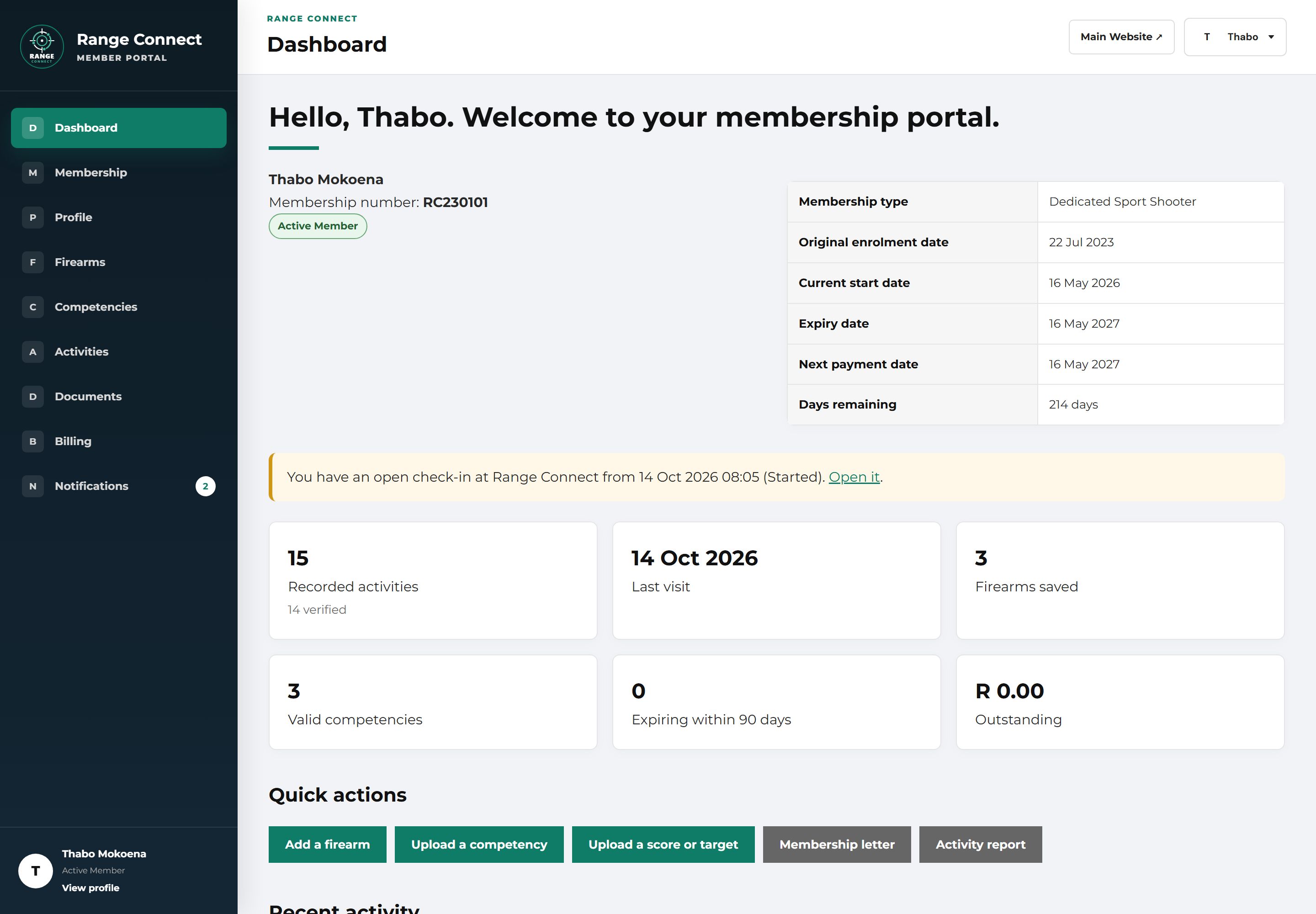 Member portal dashboard greeting Thabo with his membership number, Active Member badge, membership type and expiry date, a notice about an open check-in, and tiles for recorded activities, last visit, firearms saved, valid competencies and amount outstanding.