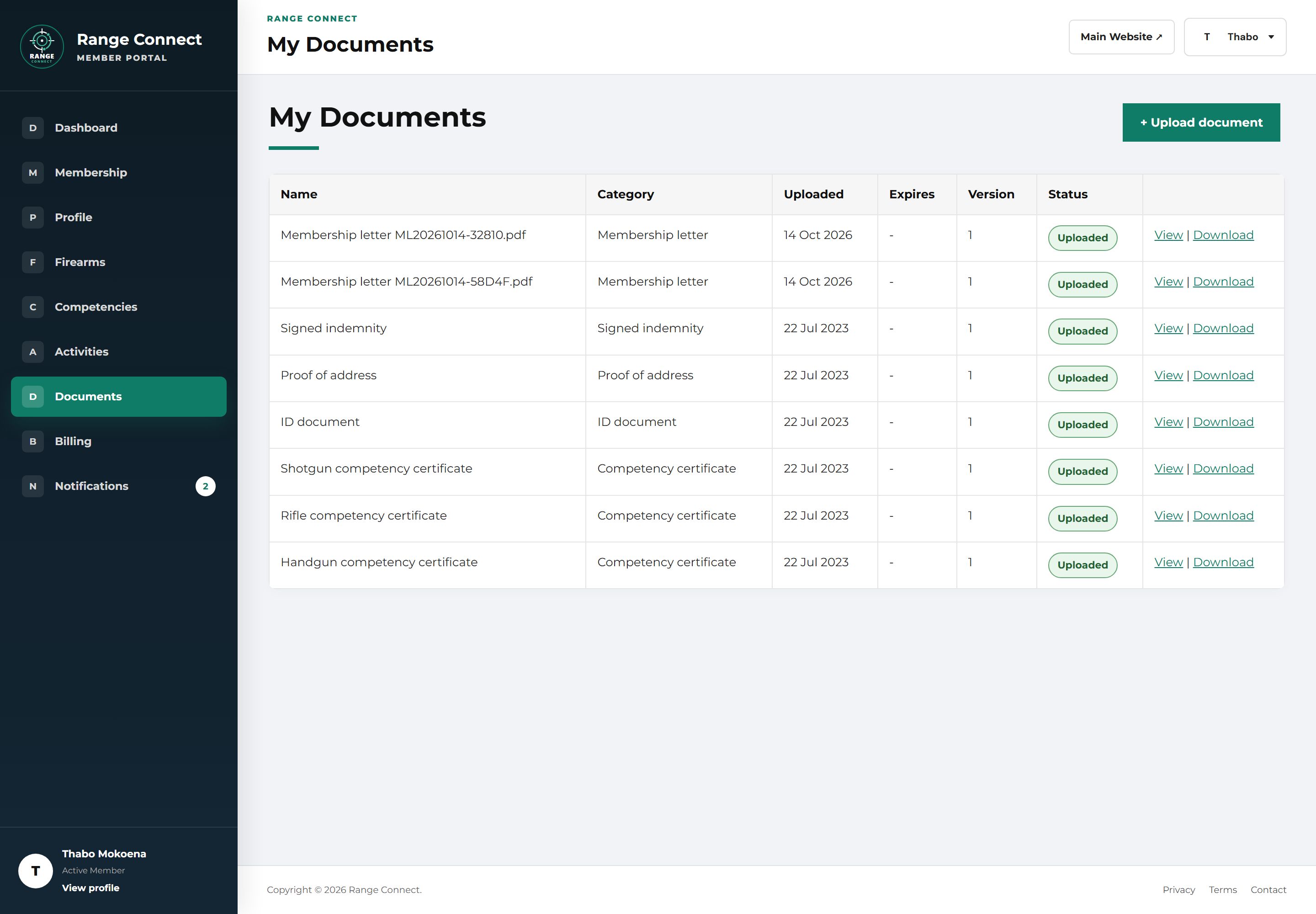 My Documents page listing membership letters, signed indemnity, proof of address, ID document and competency certificates with category, upload date, version and View and Download links.