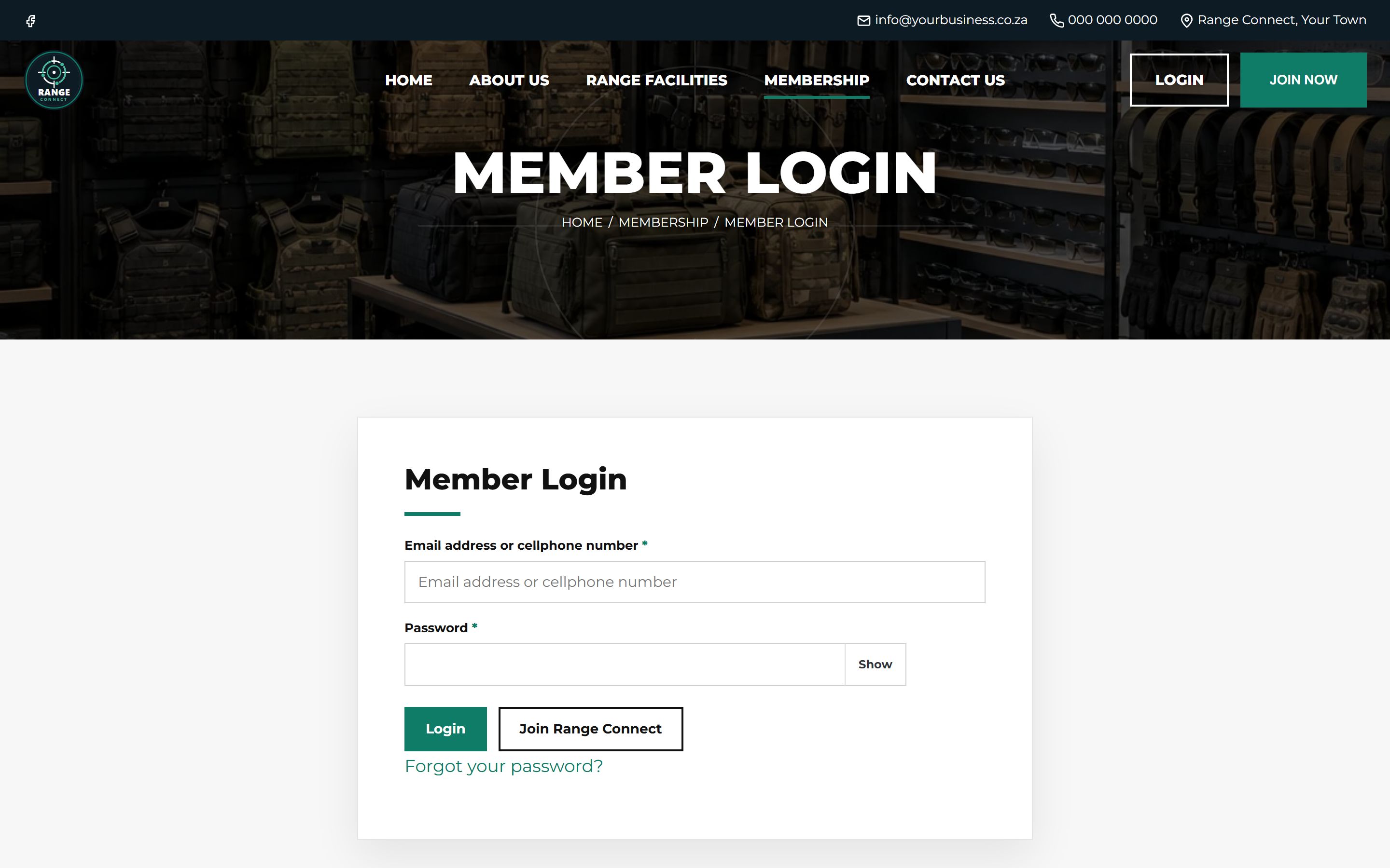 Member login page with fields for email address or cellphone number and password, a Login button, a Join Range Connect button and a forgotten password link.