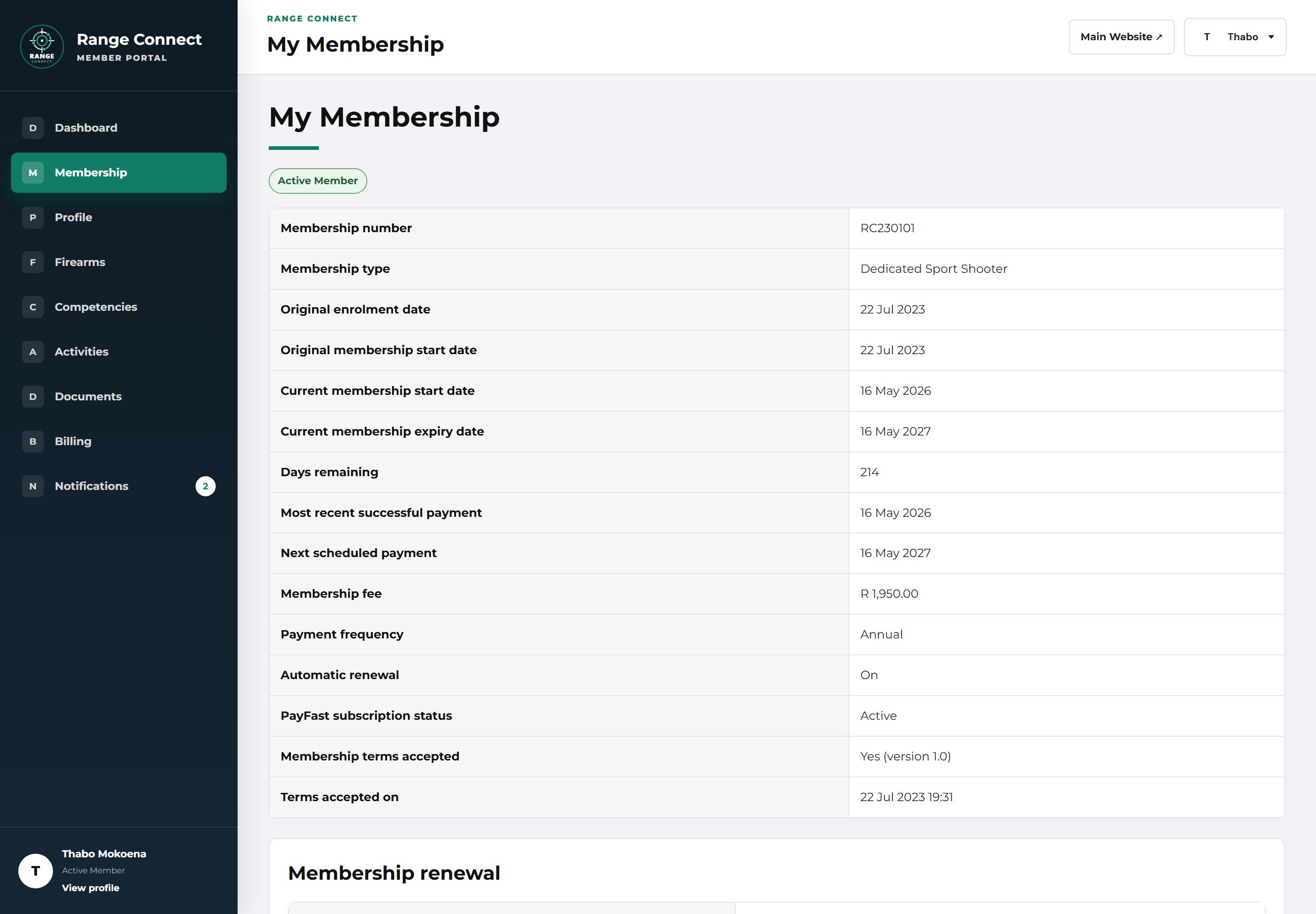 My Membership page listing the membership number, package, enrolment, start and expiry dates, days remaining, last payment, membership fee, annual payment frequency, automatic renewal on and PayFast subscription status active.