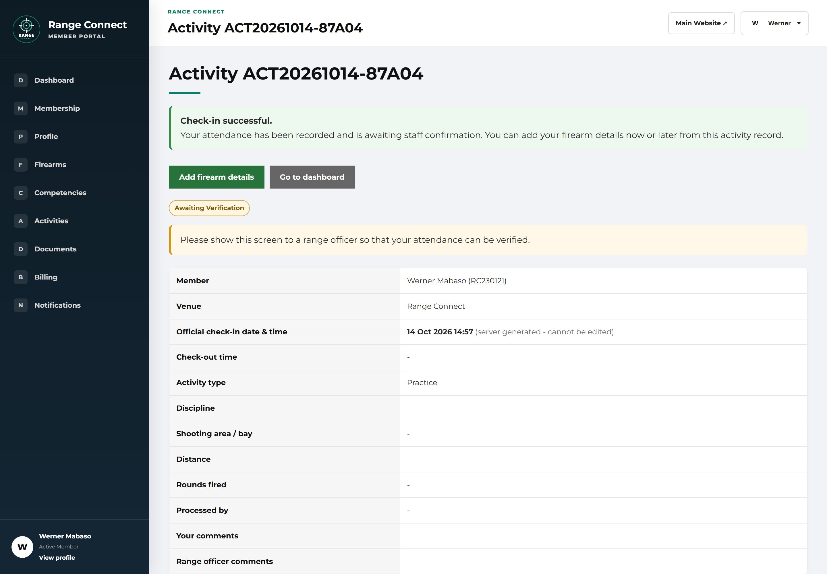 Member portal activity page after scanning the entrance QR code, with the message "Check-in successful. Your attendance has been recorded and is awaiting staff confirmation", Add firearm details and Go to dashboard buttons, and the server-generated check-in time.