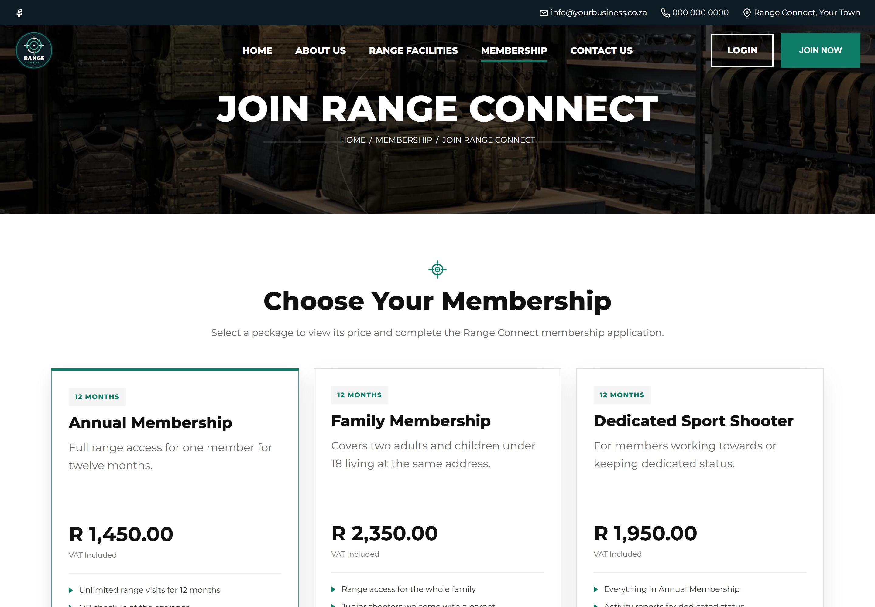 Join Range Connect page "Choose Your Membership" with selectable package cards showing the annual price and VAT note, at the start of the online application.