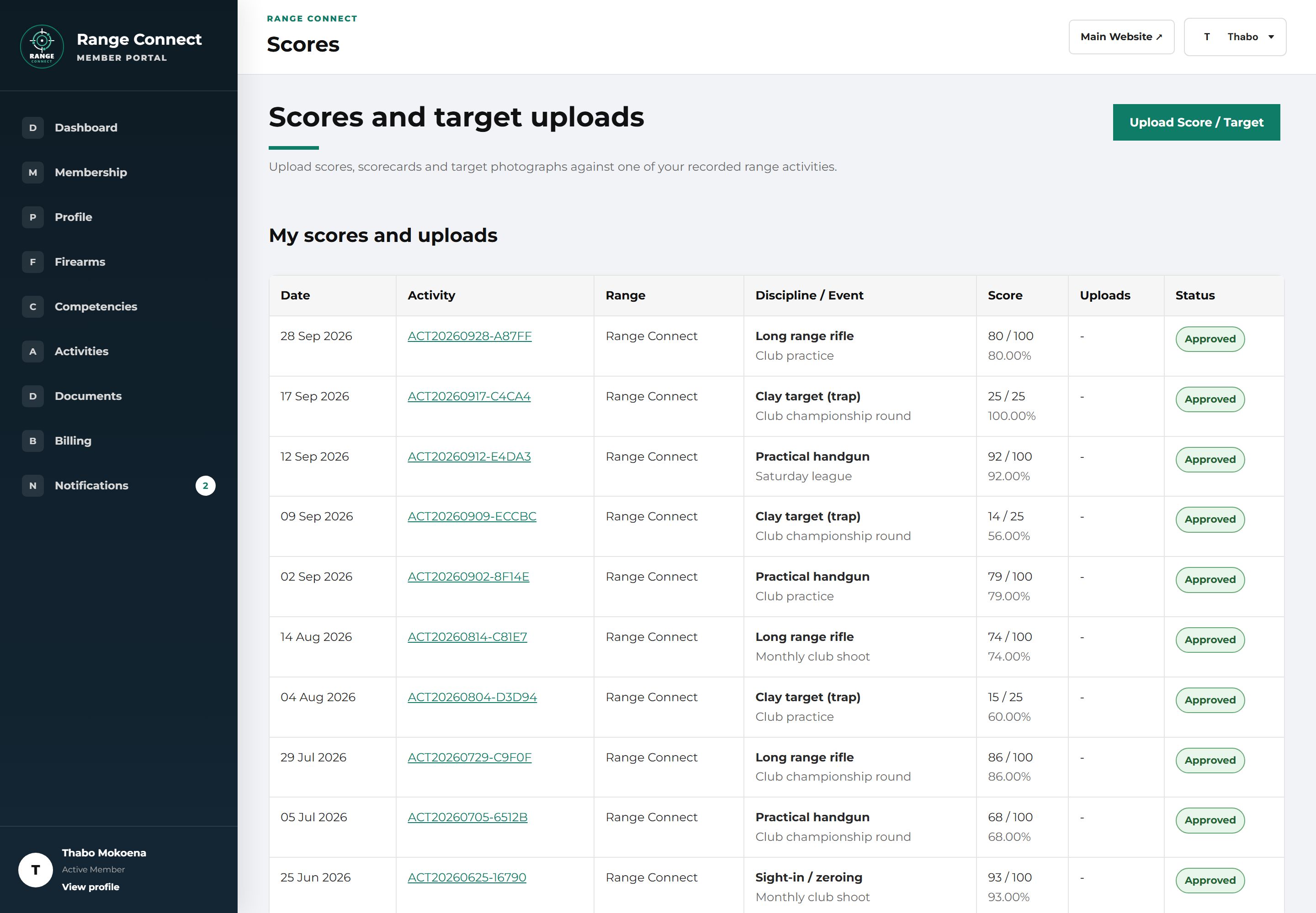 Scores and target uploads page listing club shoot and league scores by date, activity reference, discipline and event, with each score, percentage and Approved status, and an Upload Score / Target button.