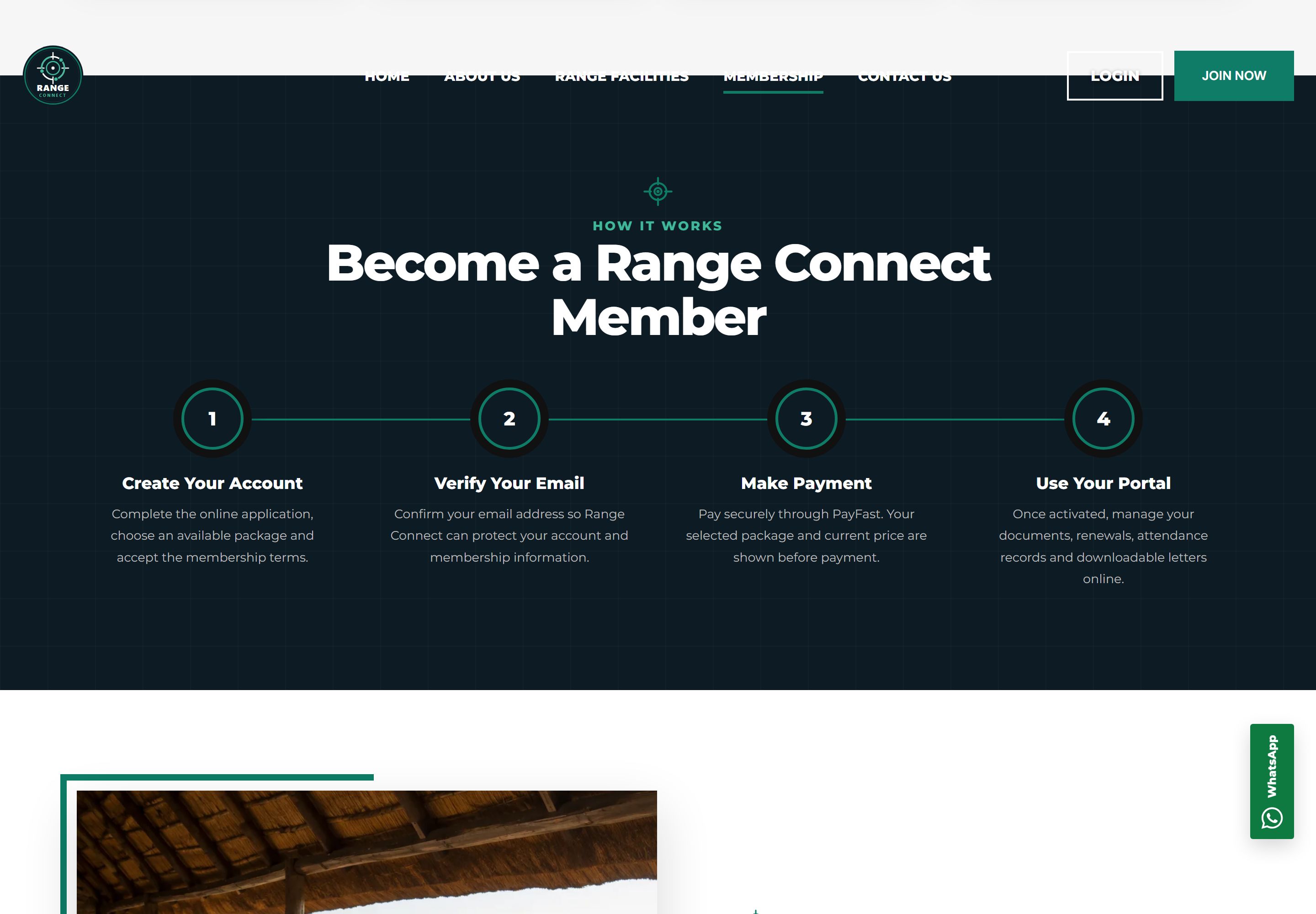 Membership page section "Become a Range Connect Member" with four numbered steps: create your account, verify your email, make payment and use your portal.